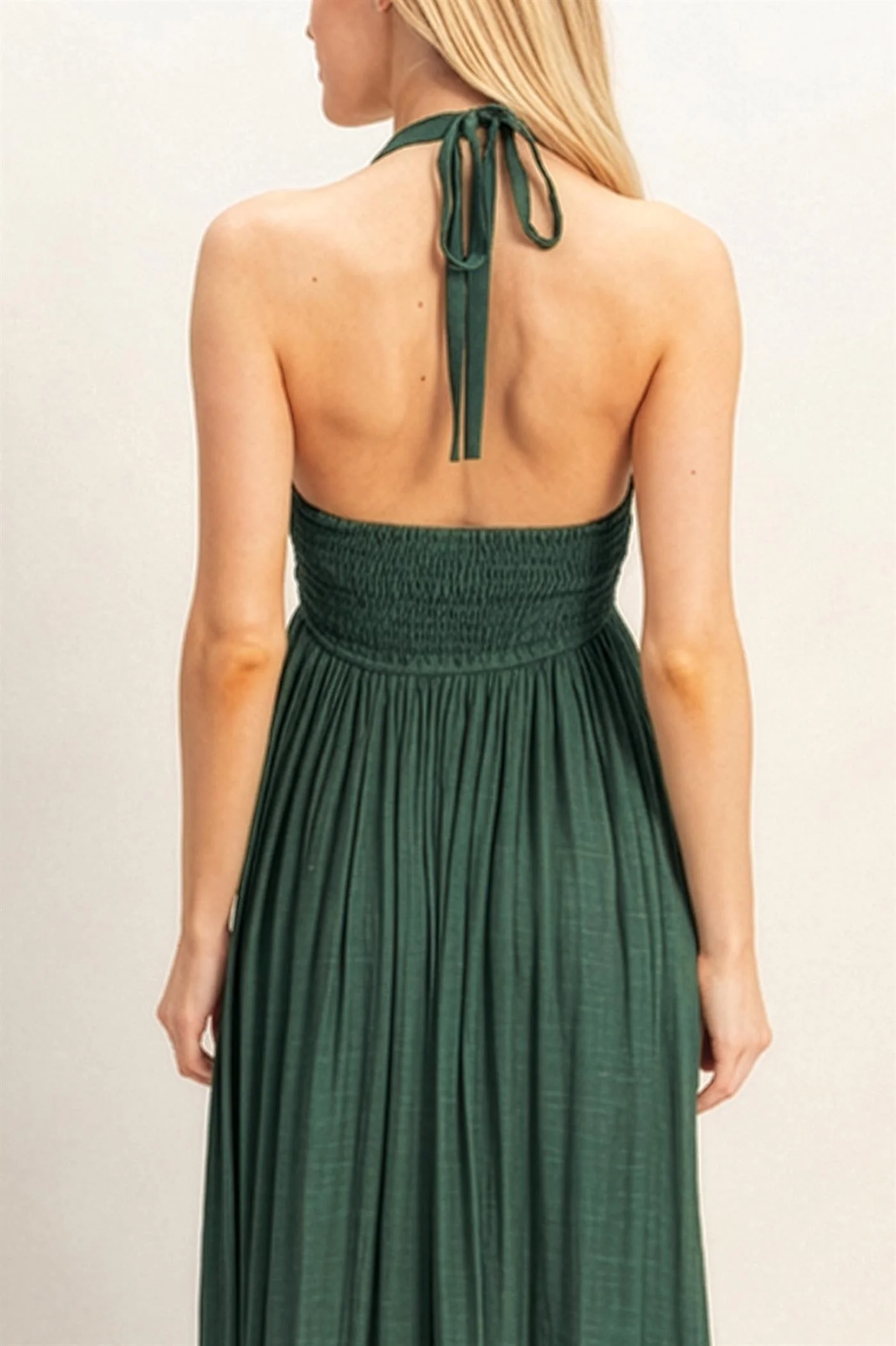 Hunter Green Halter Neck Smocked Maxi Dress - Image 5