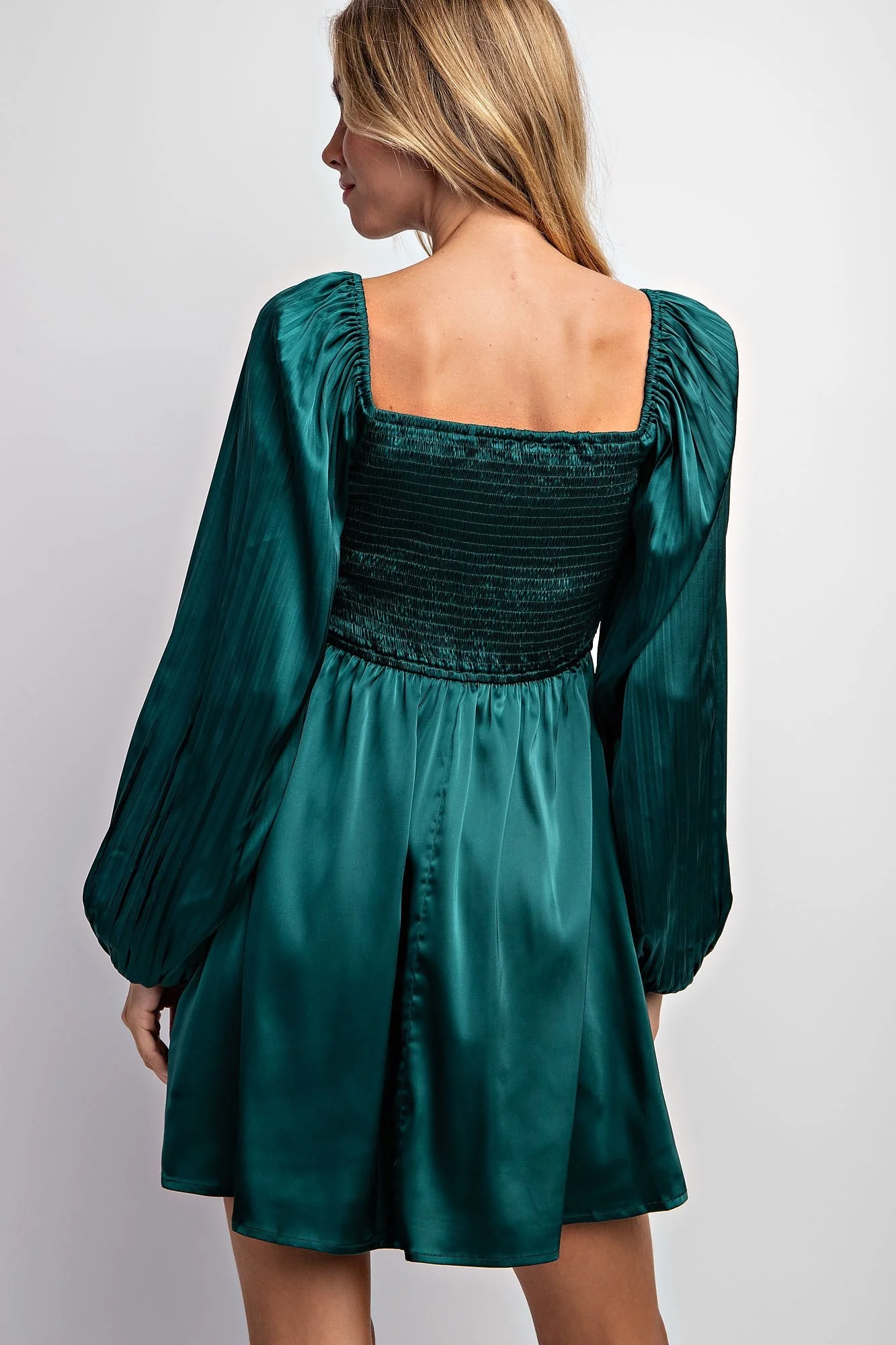 Hunter Green Pleated Bubble Sleeve Satin Mini Dress - Image 2
