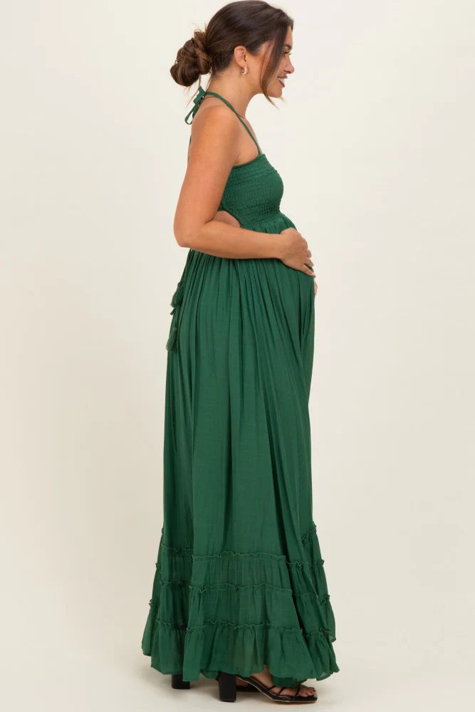 Hunter Green Smocked Halter Open Back Maternity Maxi Dress - Image 3