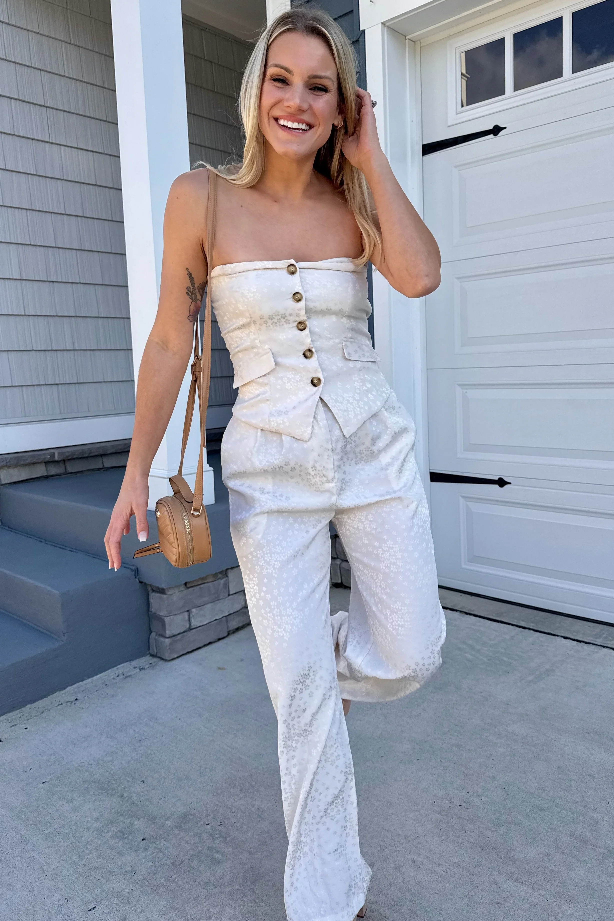 Ivory Beige Tube Vest And High Waisted Satin Long Pants Set - Image 4