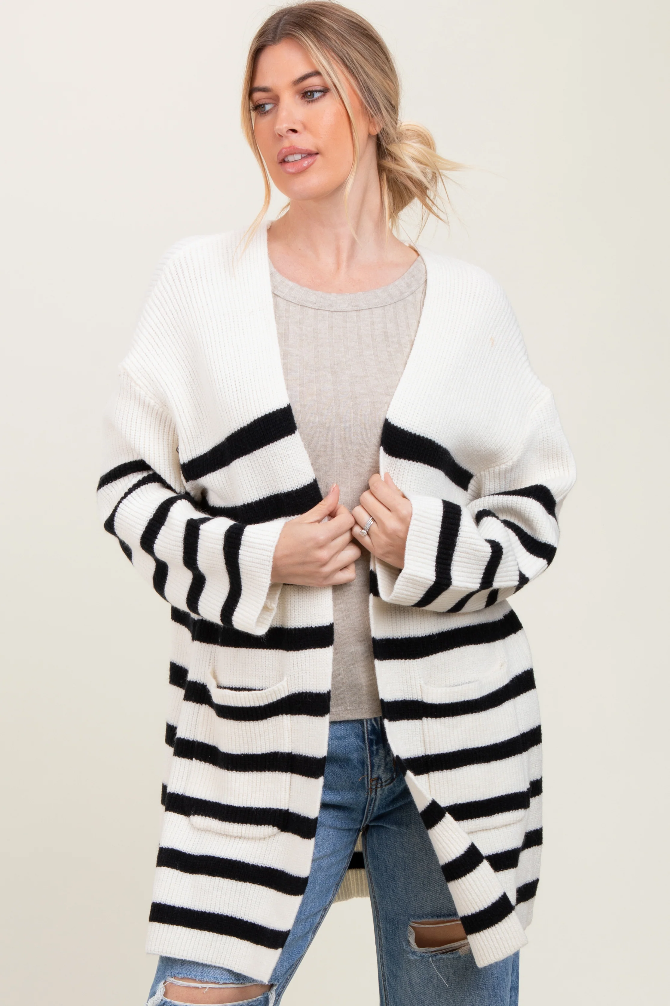 Ivory Black Knit Striped Long Cardigan - Image 2