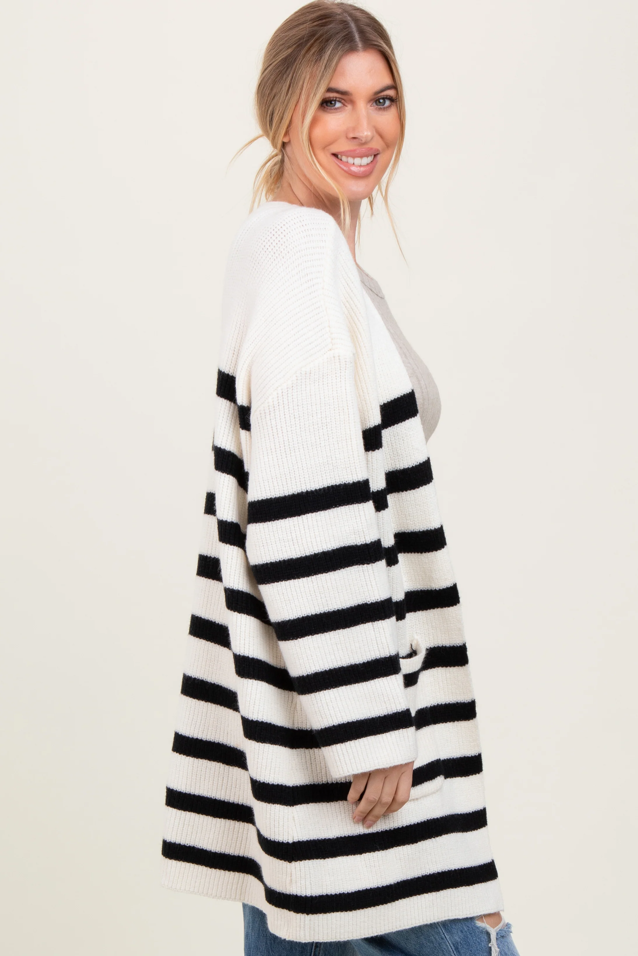 Ivory Black Knit Striped Long Cardigan - Image 3