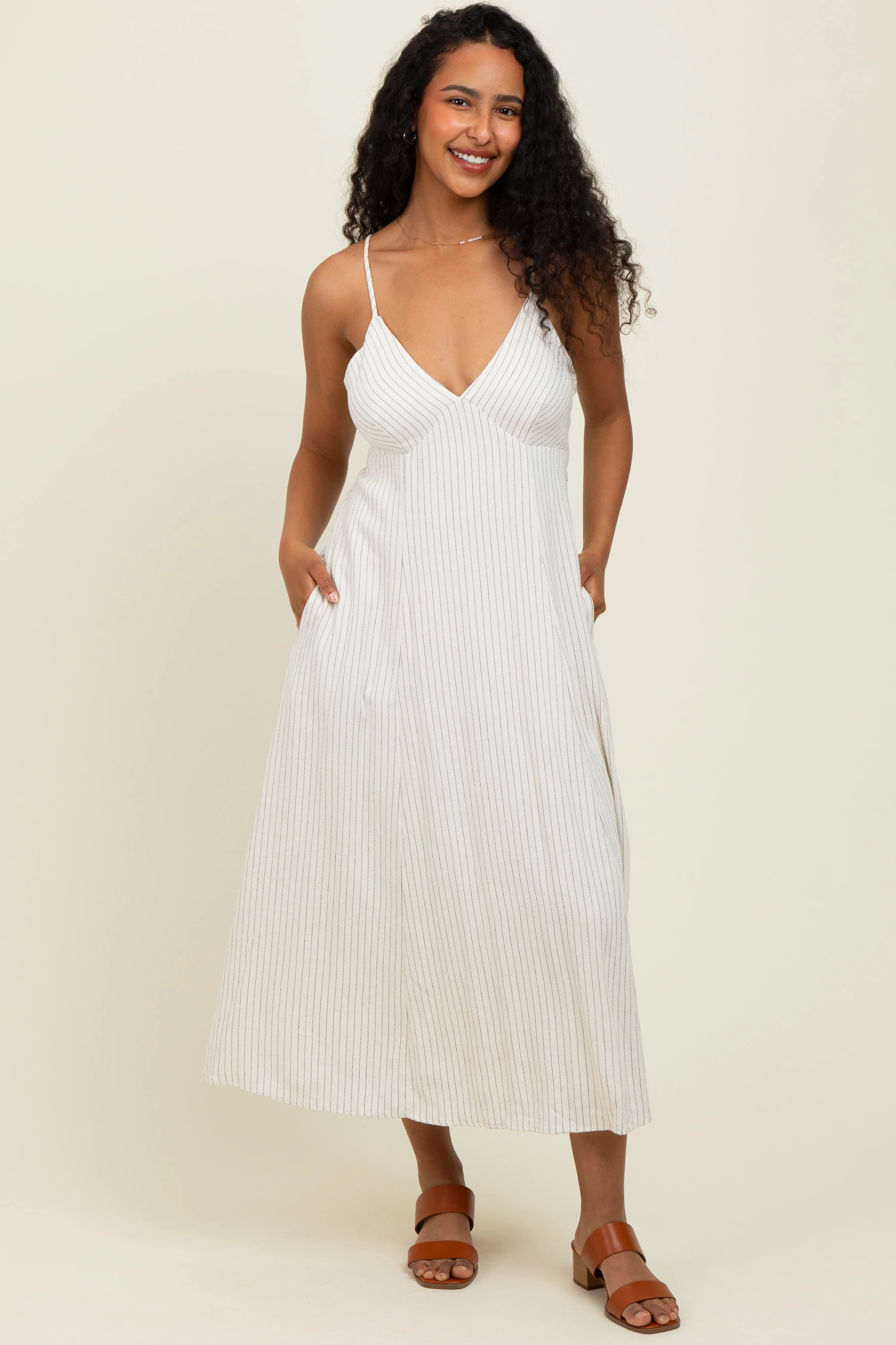 Ivory/Black Linen Striped Maternity Midi Dress - Image 5