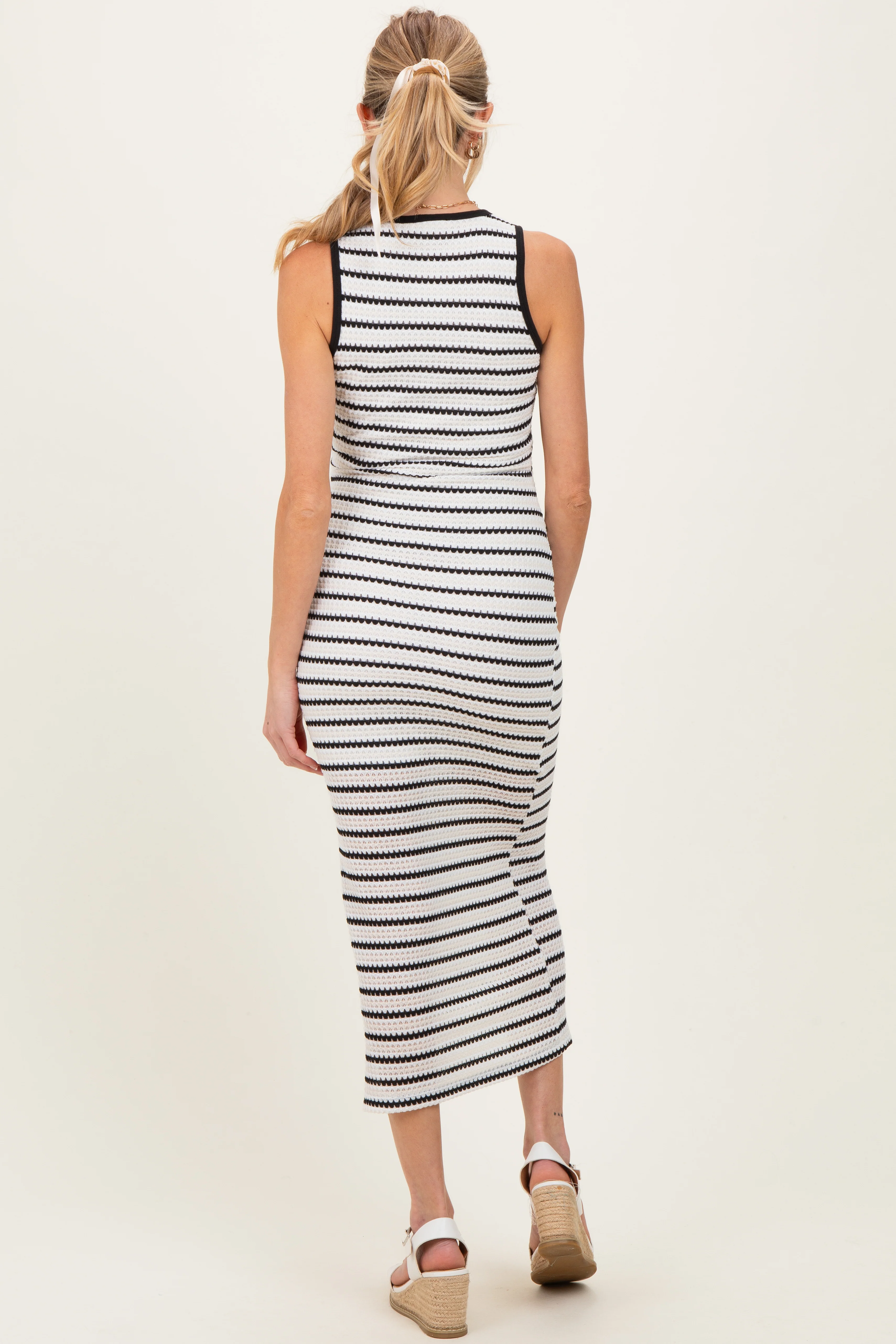 Ivory/Black Striped Contrast Ribbed Knit Sleeveless Maternity Maxi Dress - Image 4
