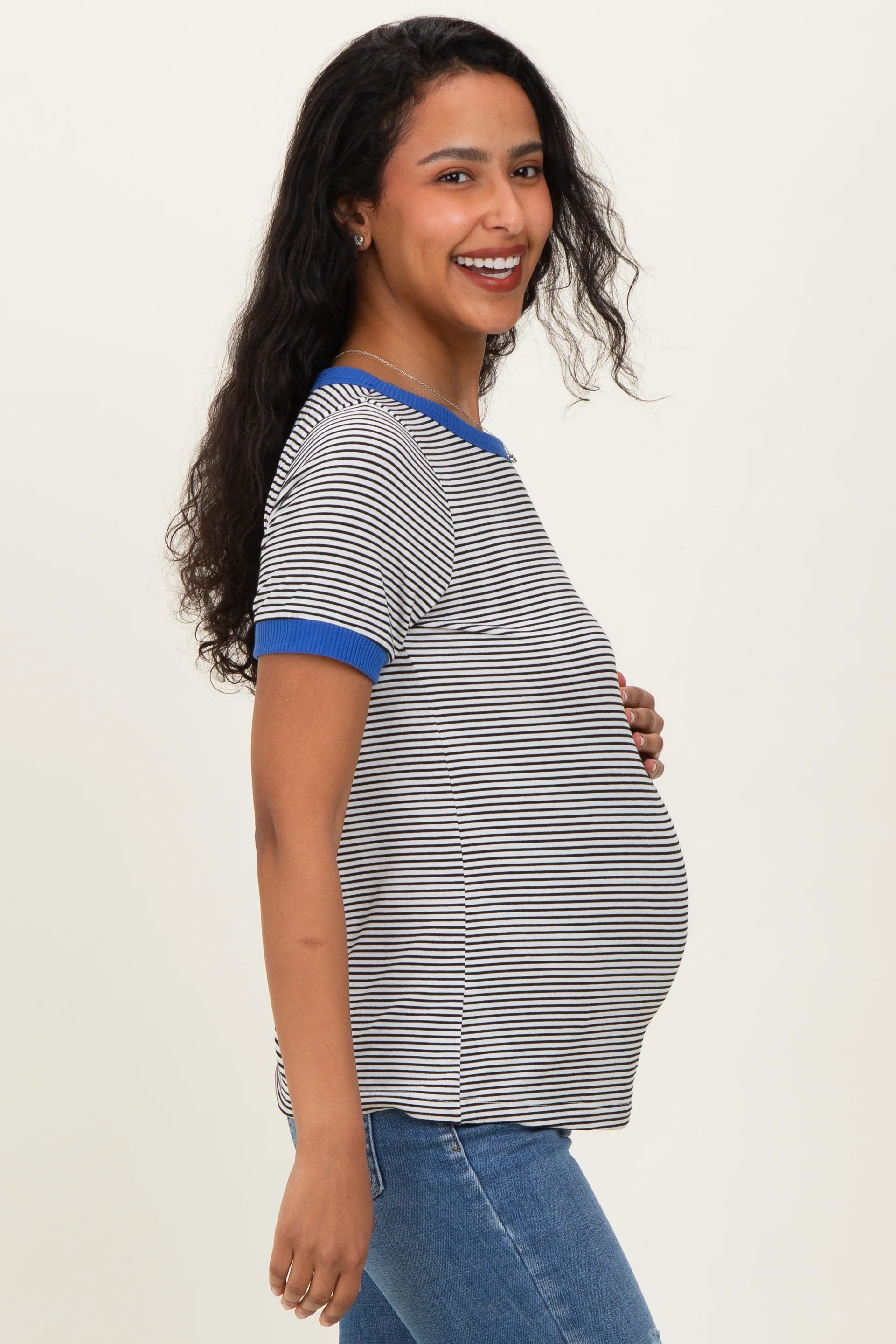 Ivory Blue Trimmed Striped Maternity Top - Image 3