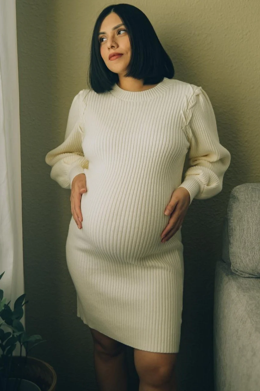 Ivory Bubble Sleeve Maternity Sweater Dress - Image 6