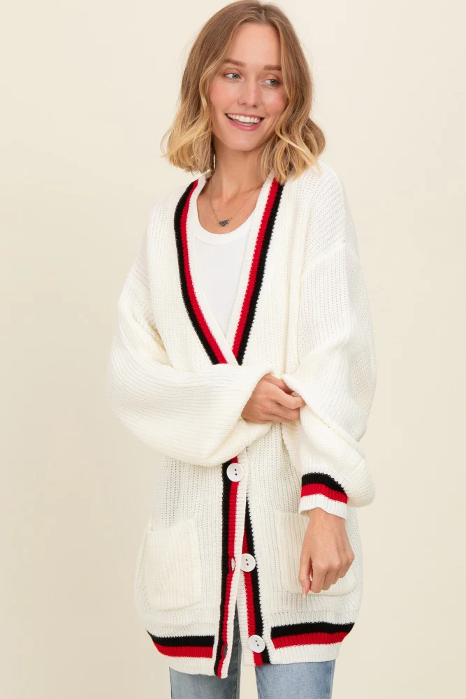 Ivory Contrast Border Open Cardigan - Image 2