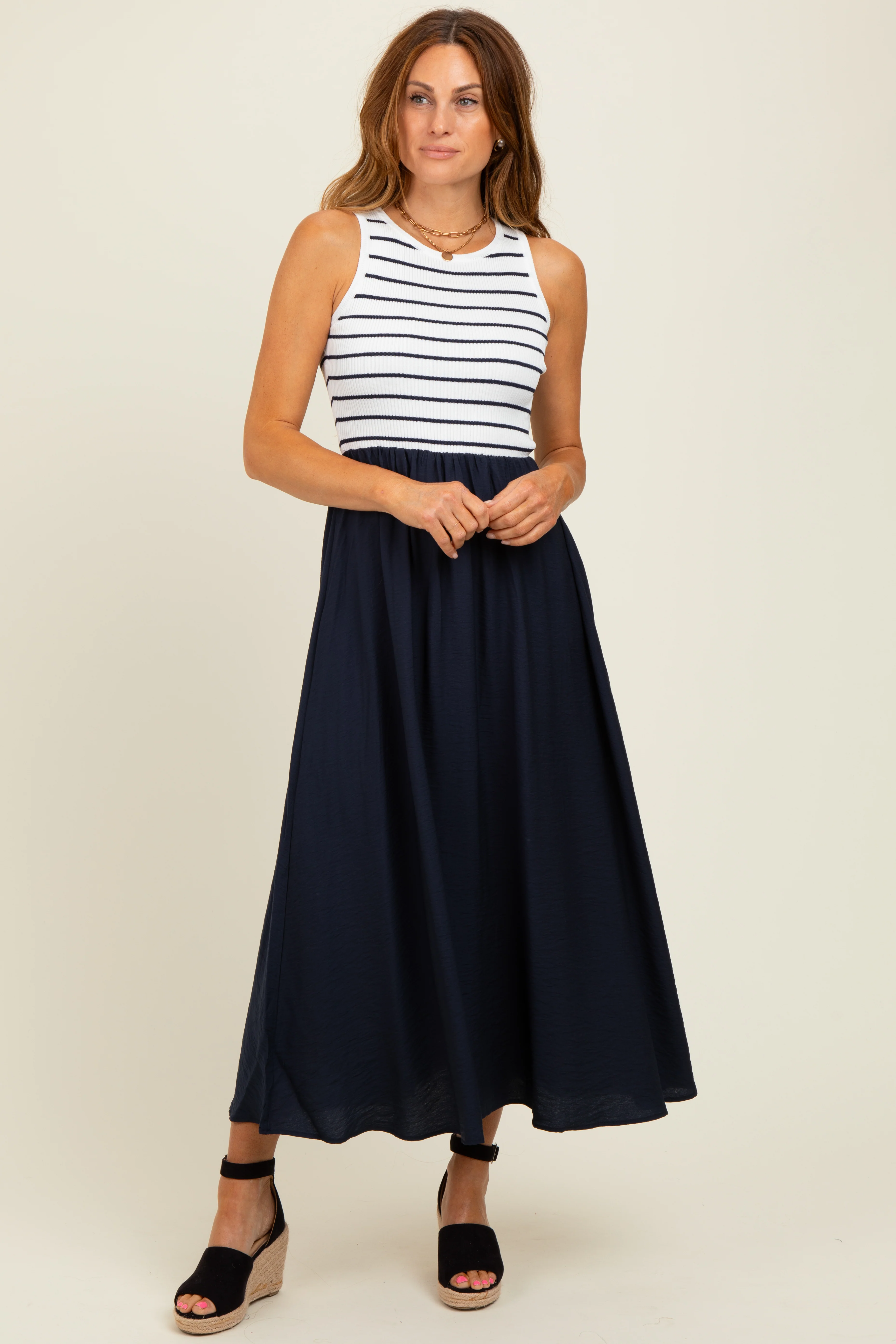 Ivory Contrast Striped Knit Sleeveless Maternity Midi Dress - Image 5