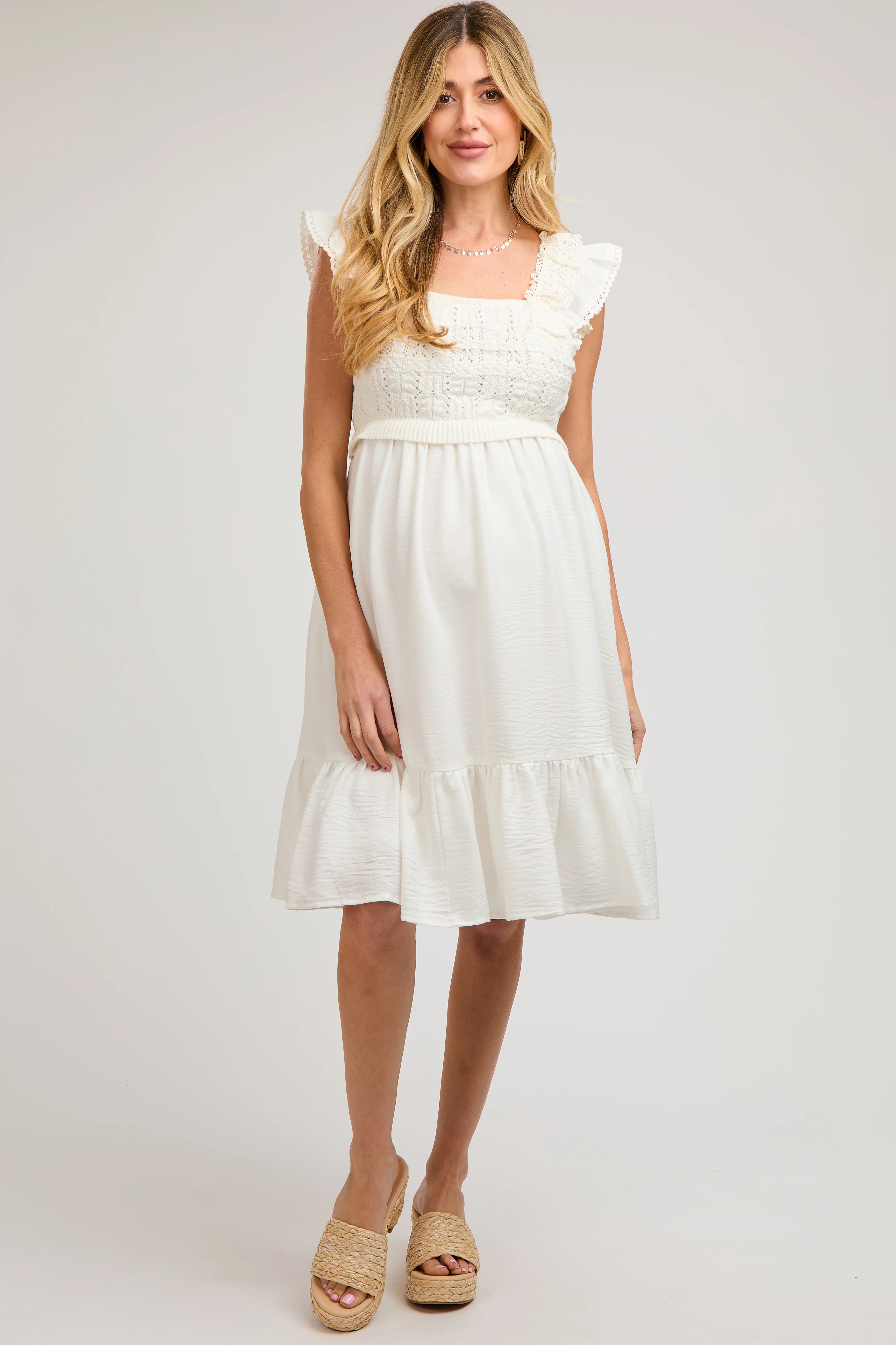 Ivory Crochet Knit Maternity Knee Length Dress - Image 3