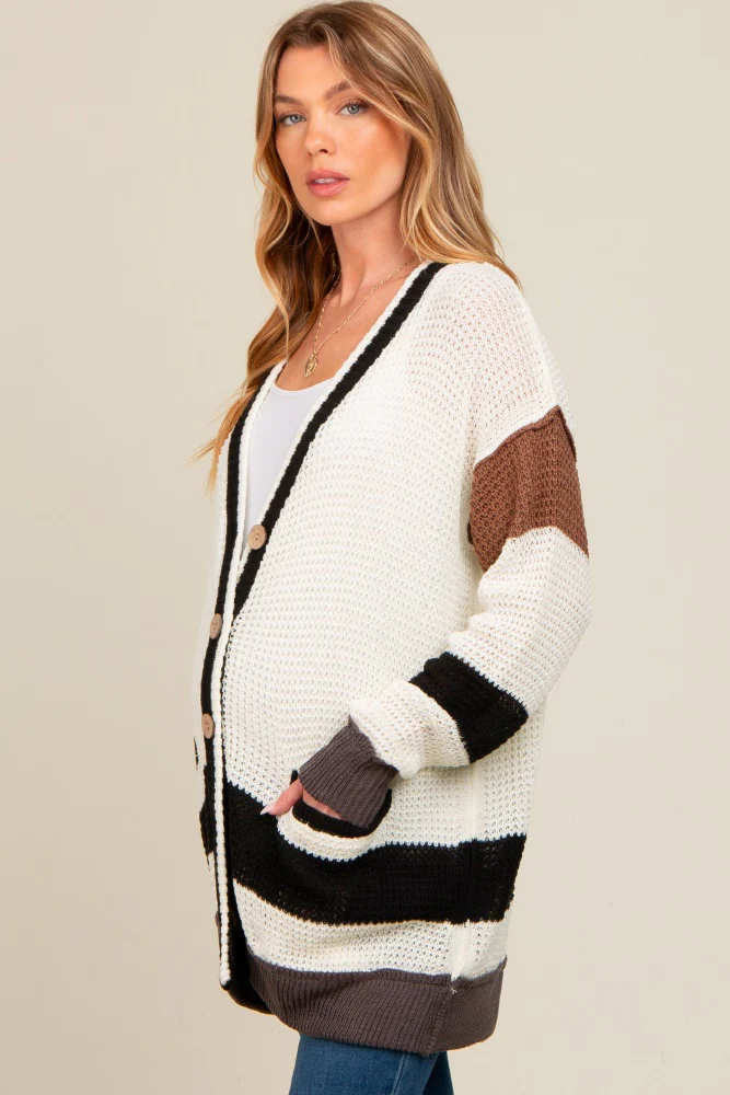 Ivory Crochet Knit Stripe Detail Oversized Maternity Cardigan - Image 4