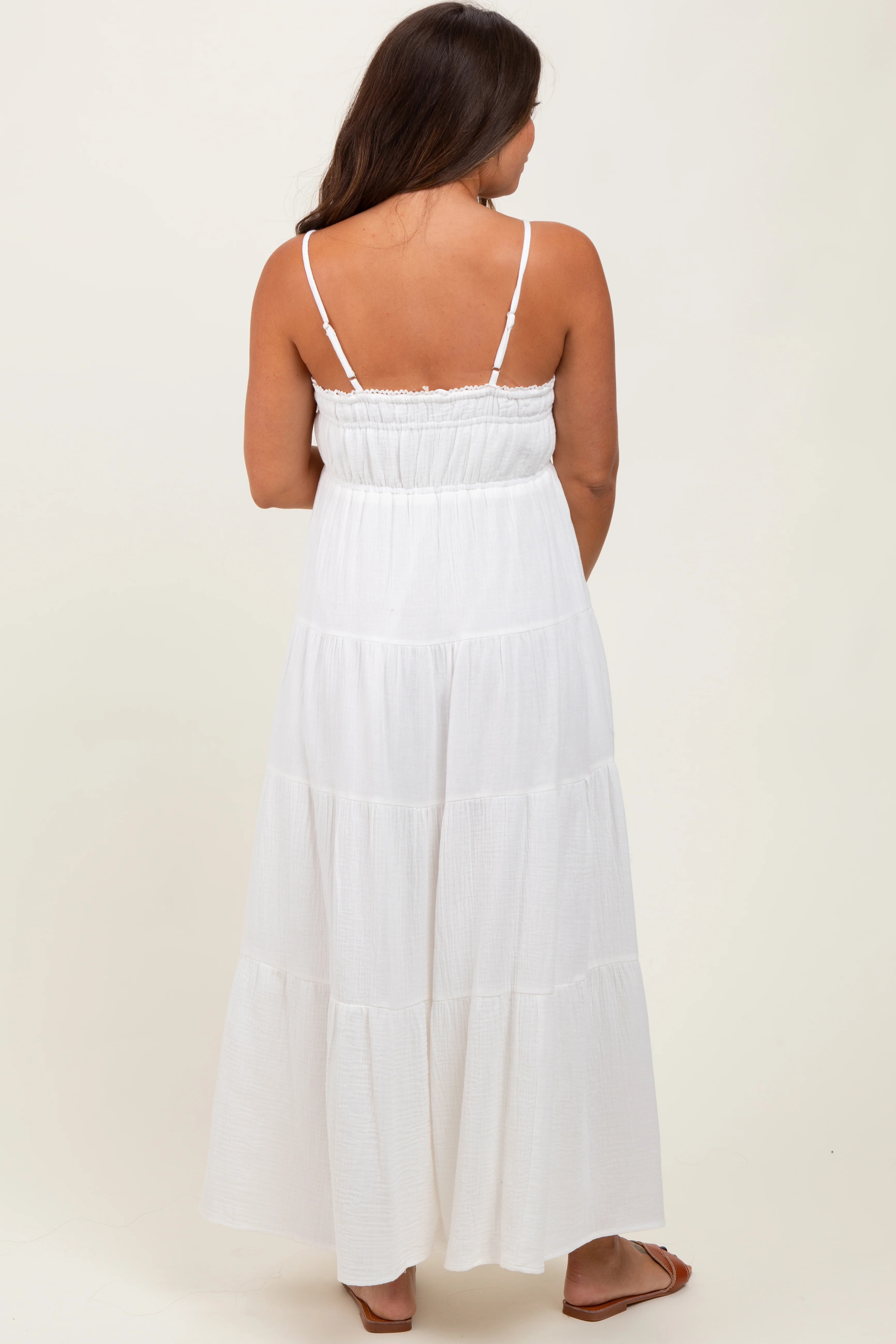 Ivory Crochet Trim Tiered Maternity Maxi Dress - Image 3
