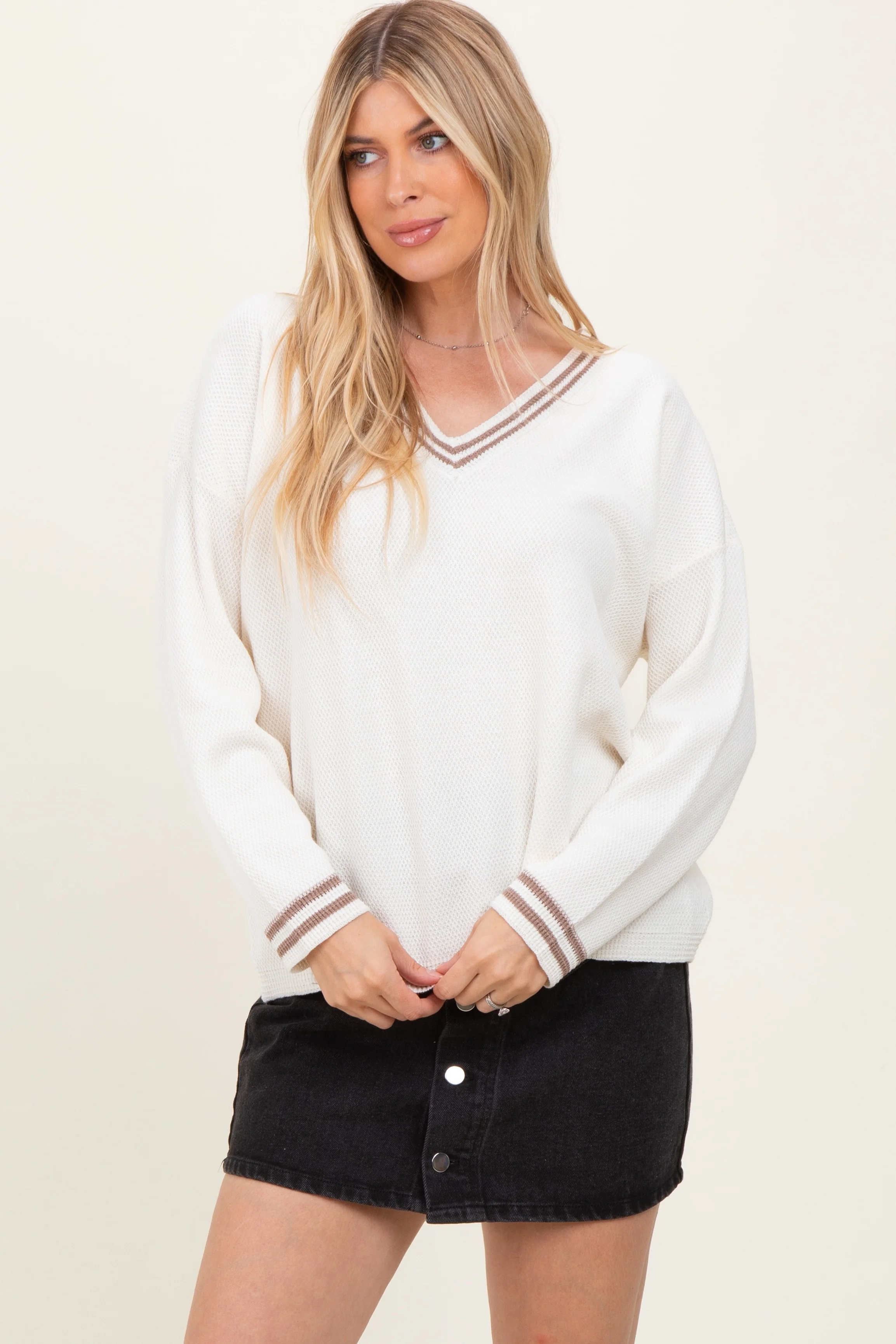 Ivory Deep V-Neck Border Stripe Maternity Sweater - Image 5