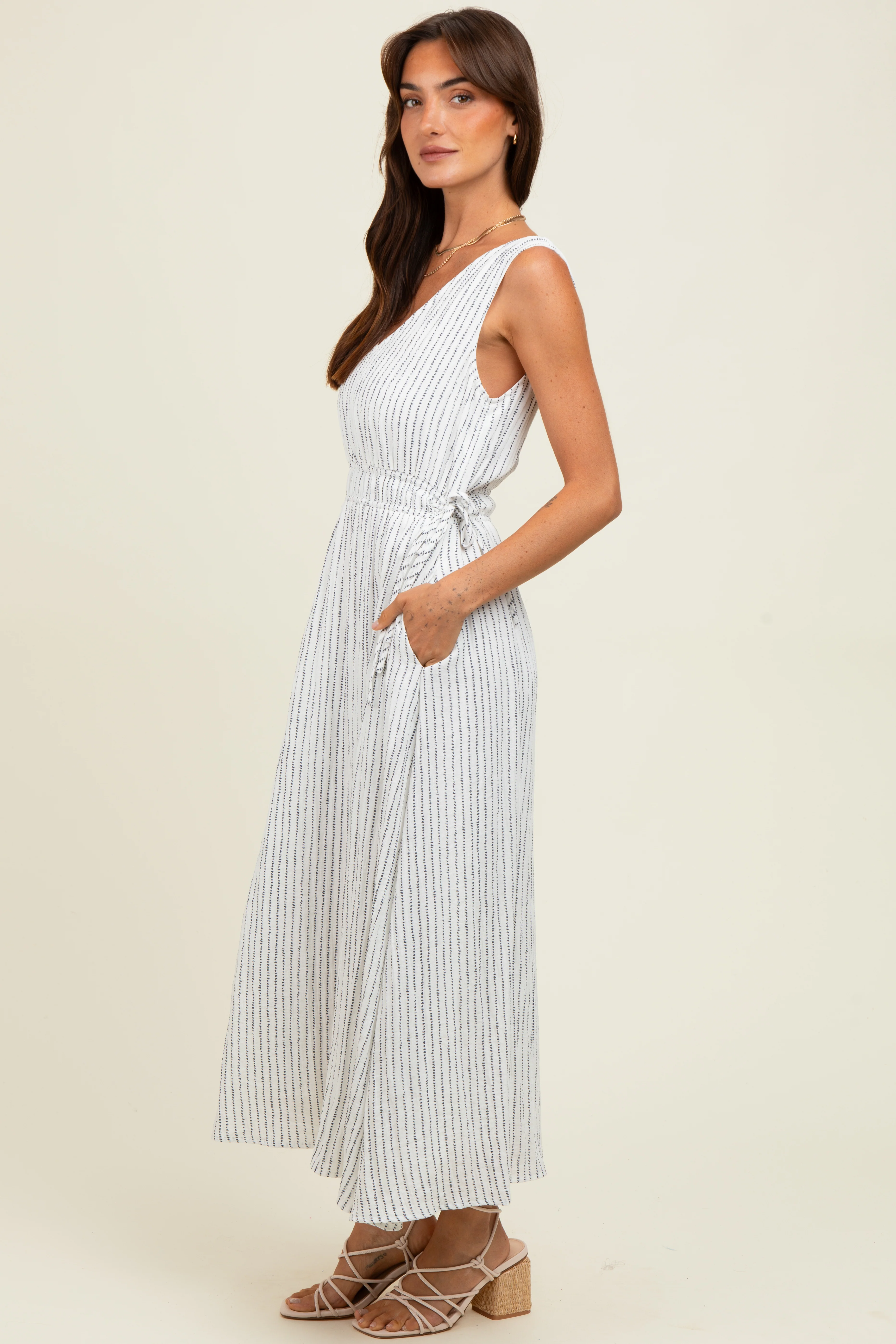 Ivory Dotted Stripe Side Tie Sleeveless Midi Dress - Image 3