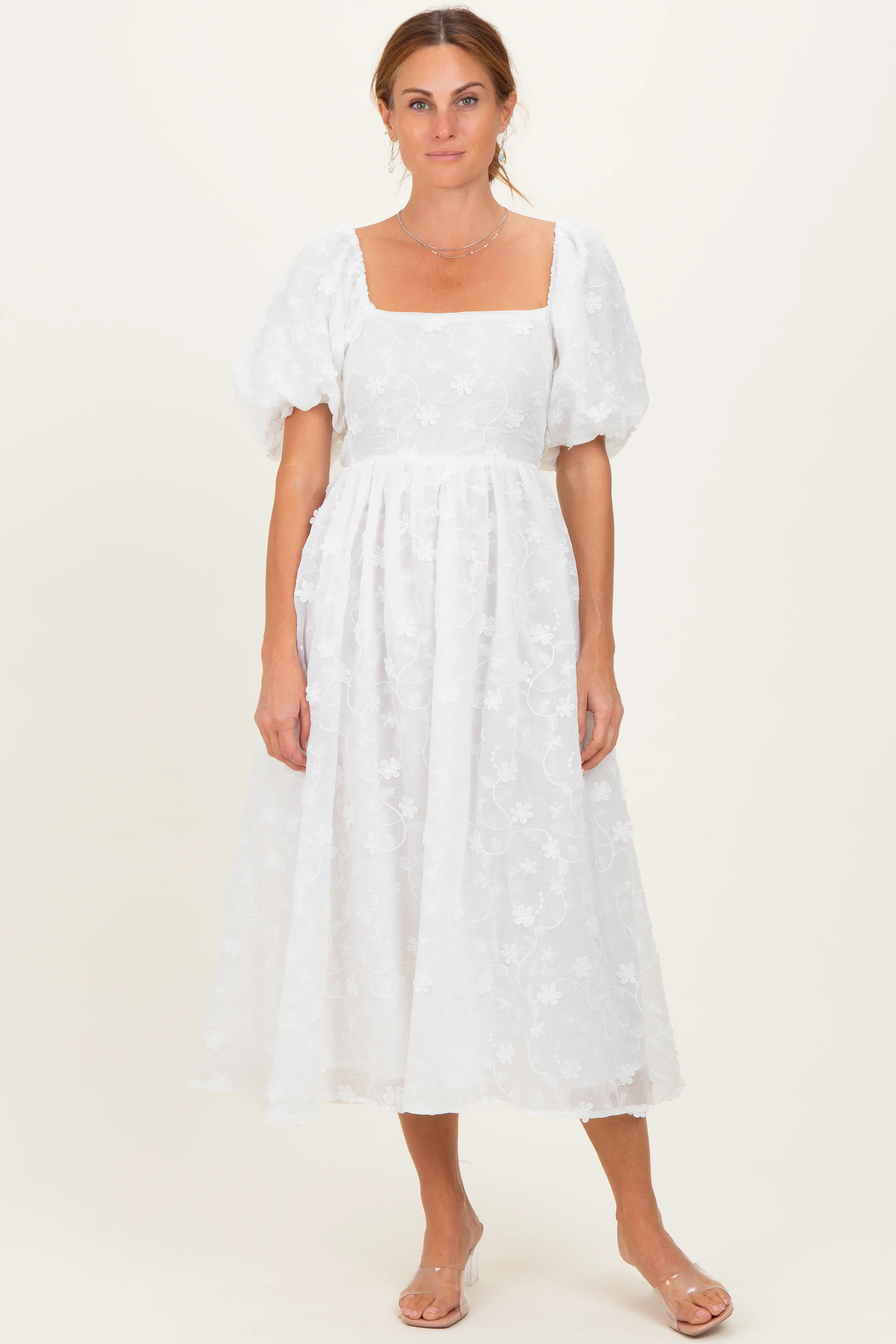 Ivory Embroidered Floral Puff Sleeve Maternity Midi Dress - Image 4