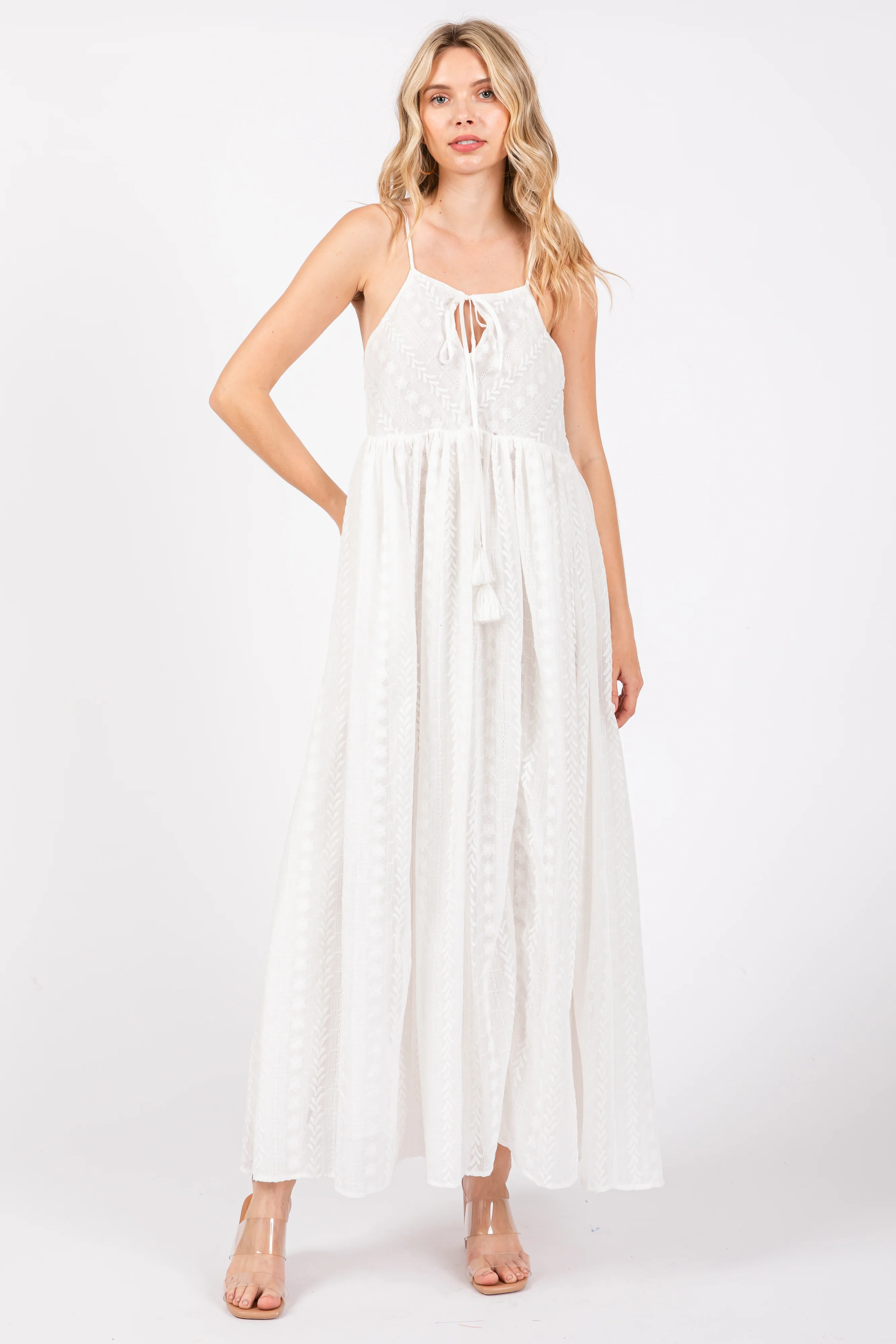 Ivory Embroidered Tassel Tie Maternity Maxi Dress - Image 4