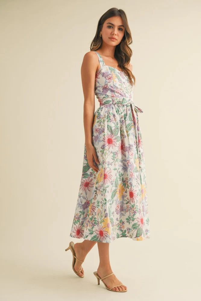 Ivory Floral Button Front Sash Tie Midi Dress - Image 3