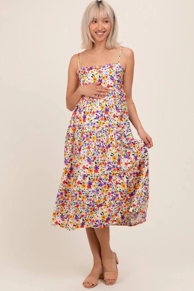 Ivory Floral Cami Strap Maternity Midi Dress