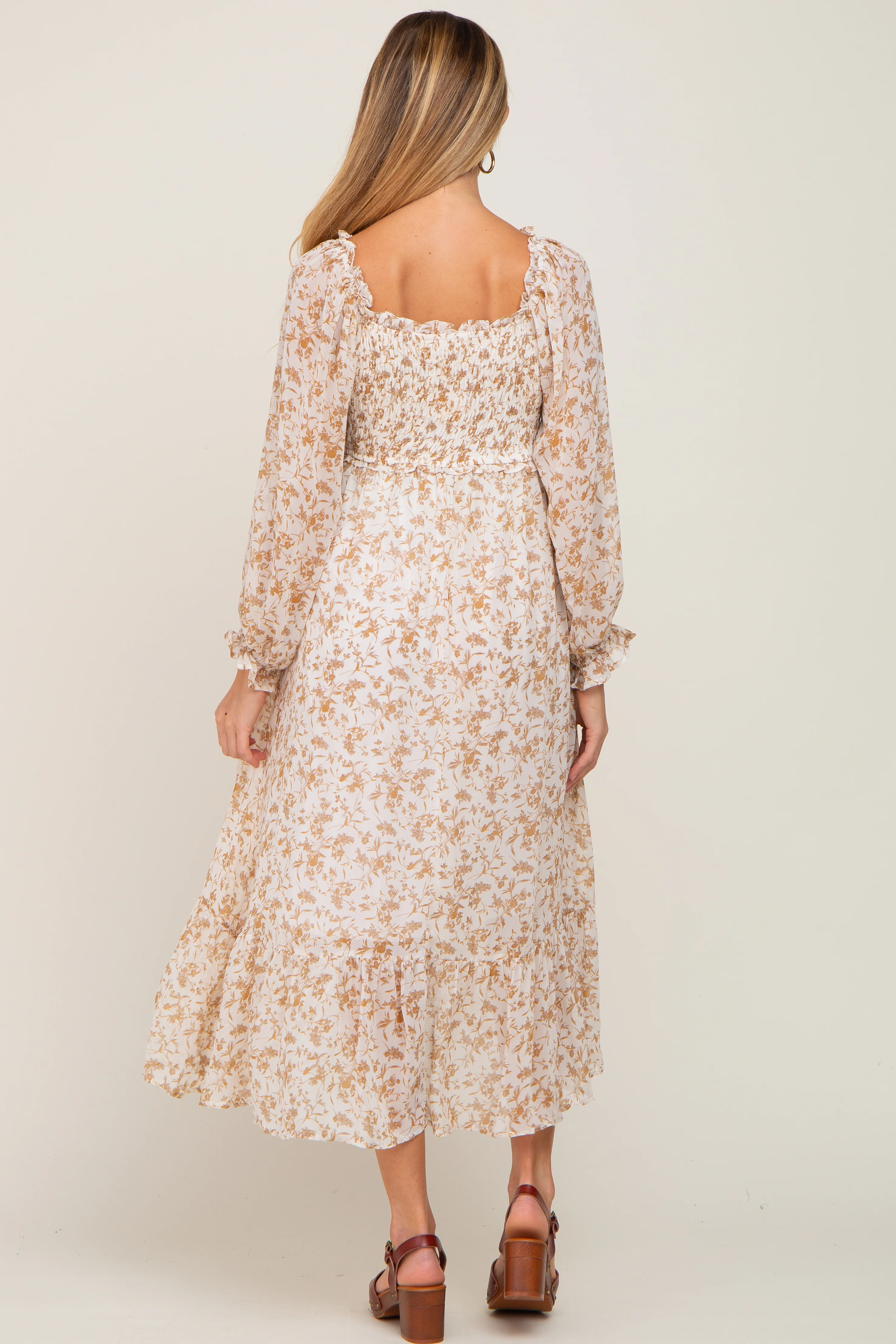 Ivory Floral Chiffon Ruffle Maternity Maxi Dress - Image 5