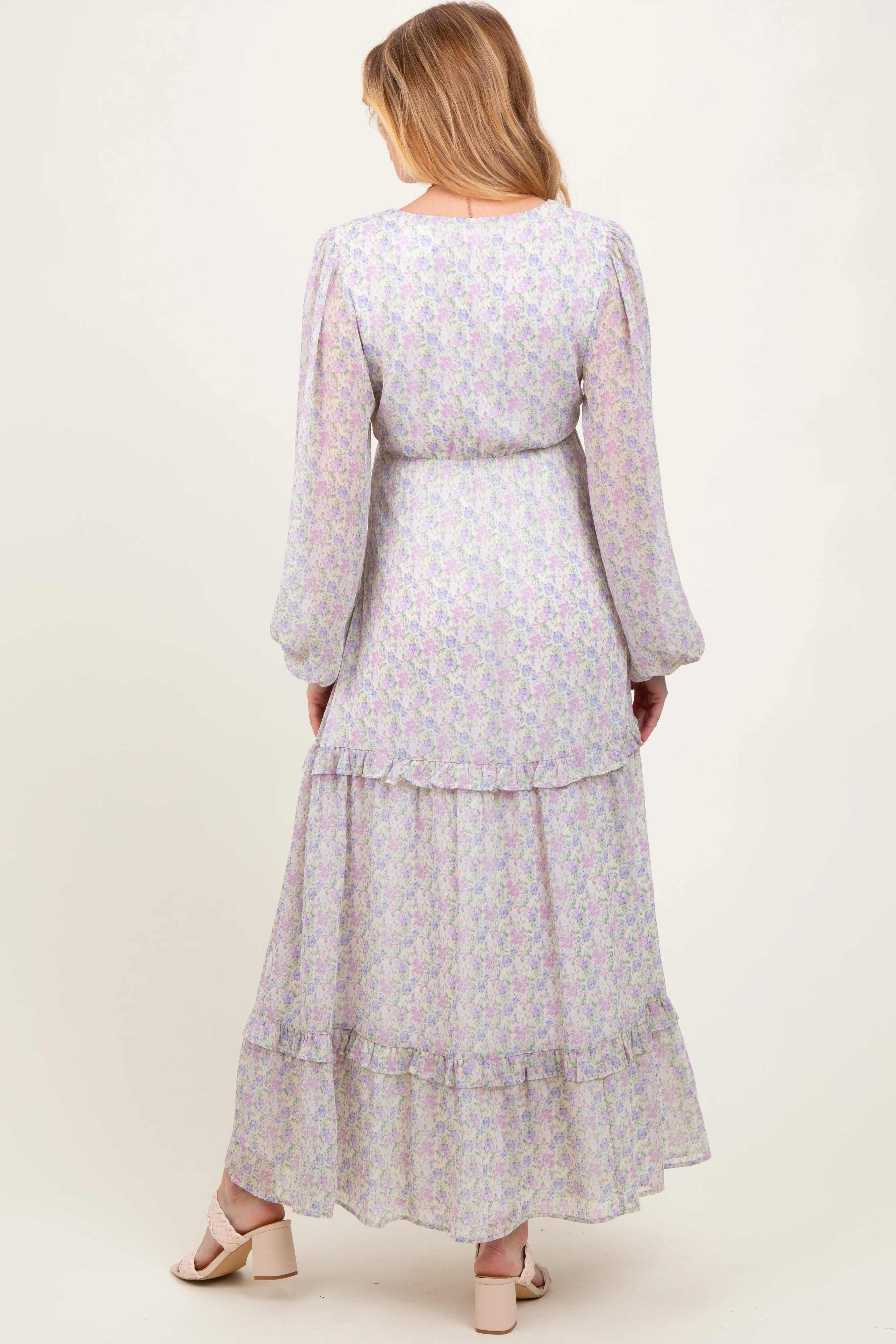 Ivory Floral Chiffon V-Neck Ruffle Tiered Maternity Maxi Dress - Image 4