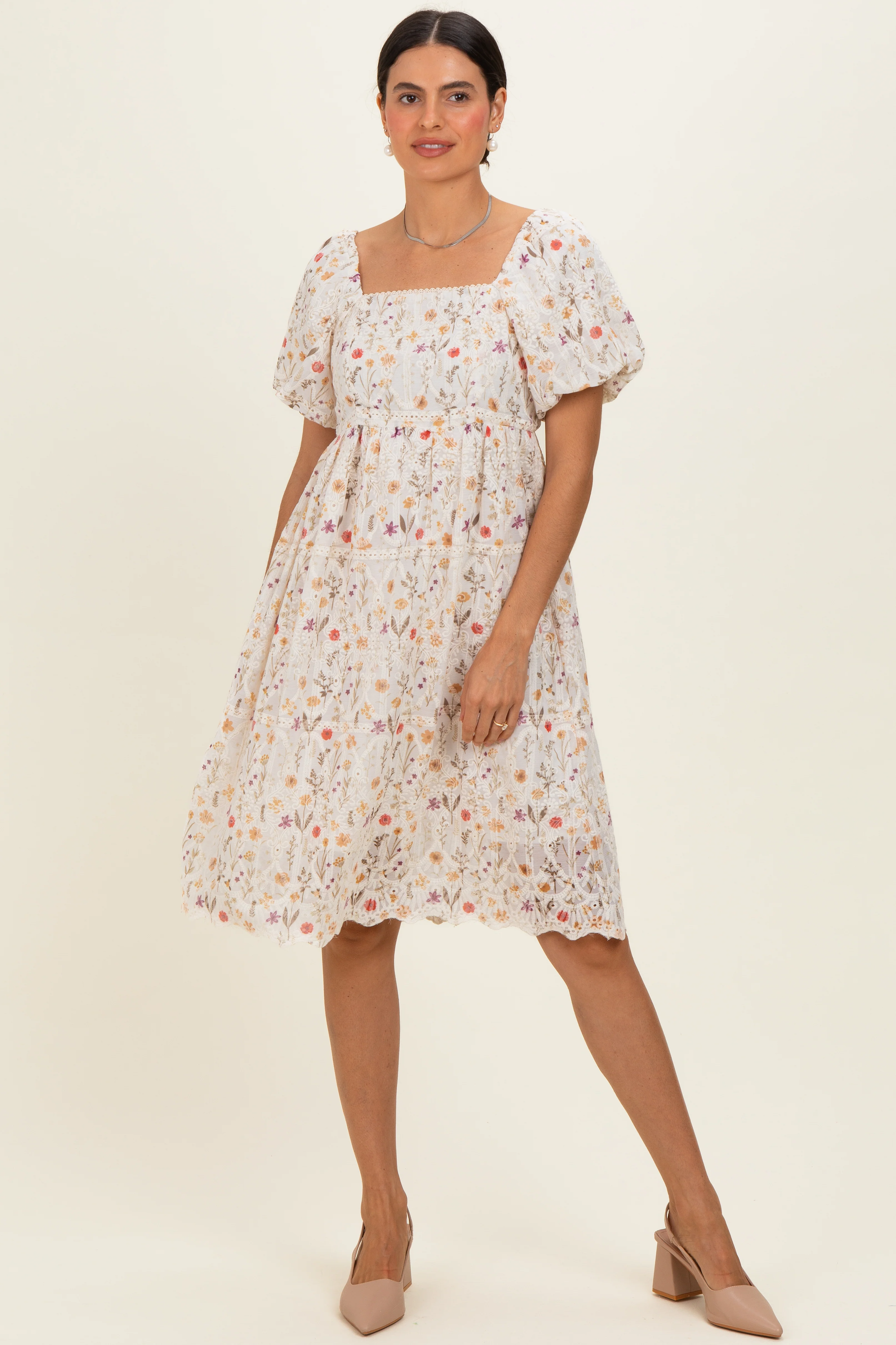 Ivory Floral Embroidered Maternity Mini Dress - Image 4