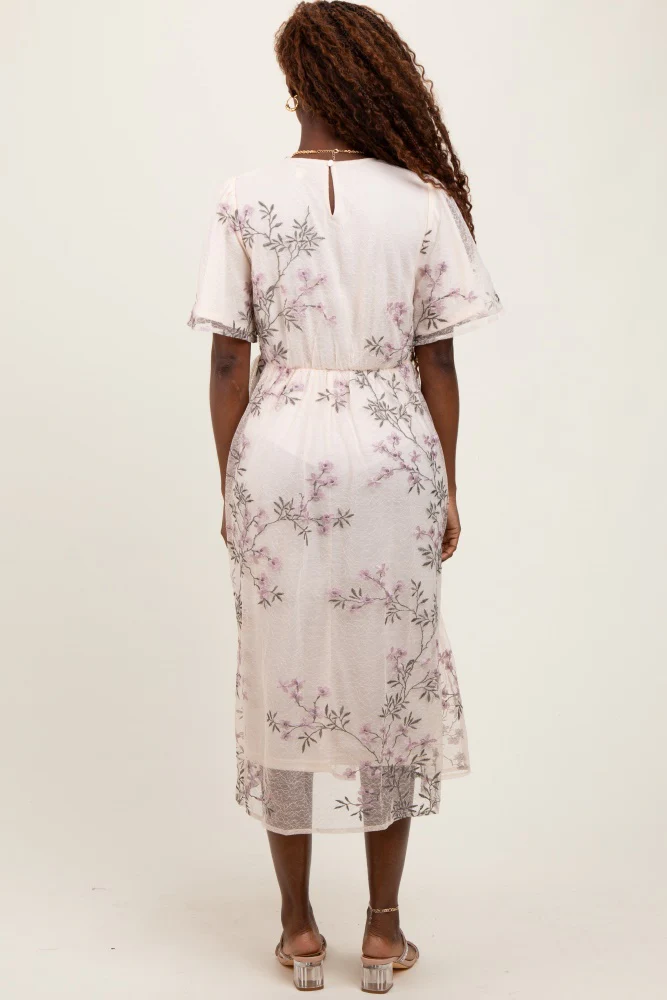 Ivory Floral Embroidered Mesh Midi Dress - Image 2