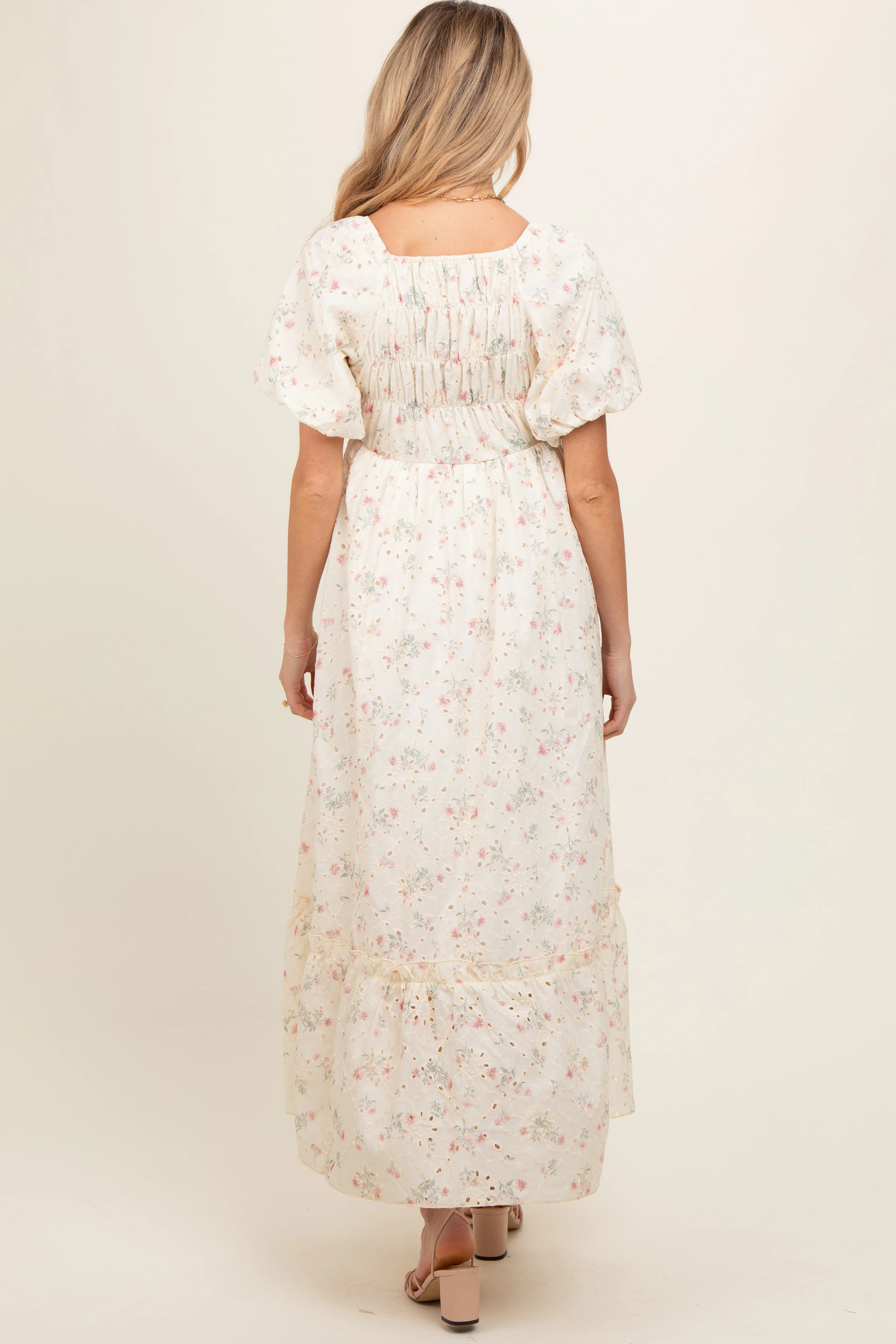 Ivory Floral Eyelet Puff Sleeve Maternity Maxi Dress - Image 5