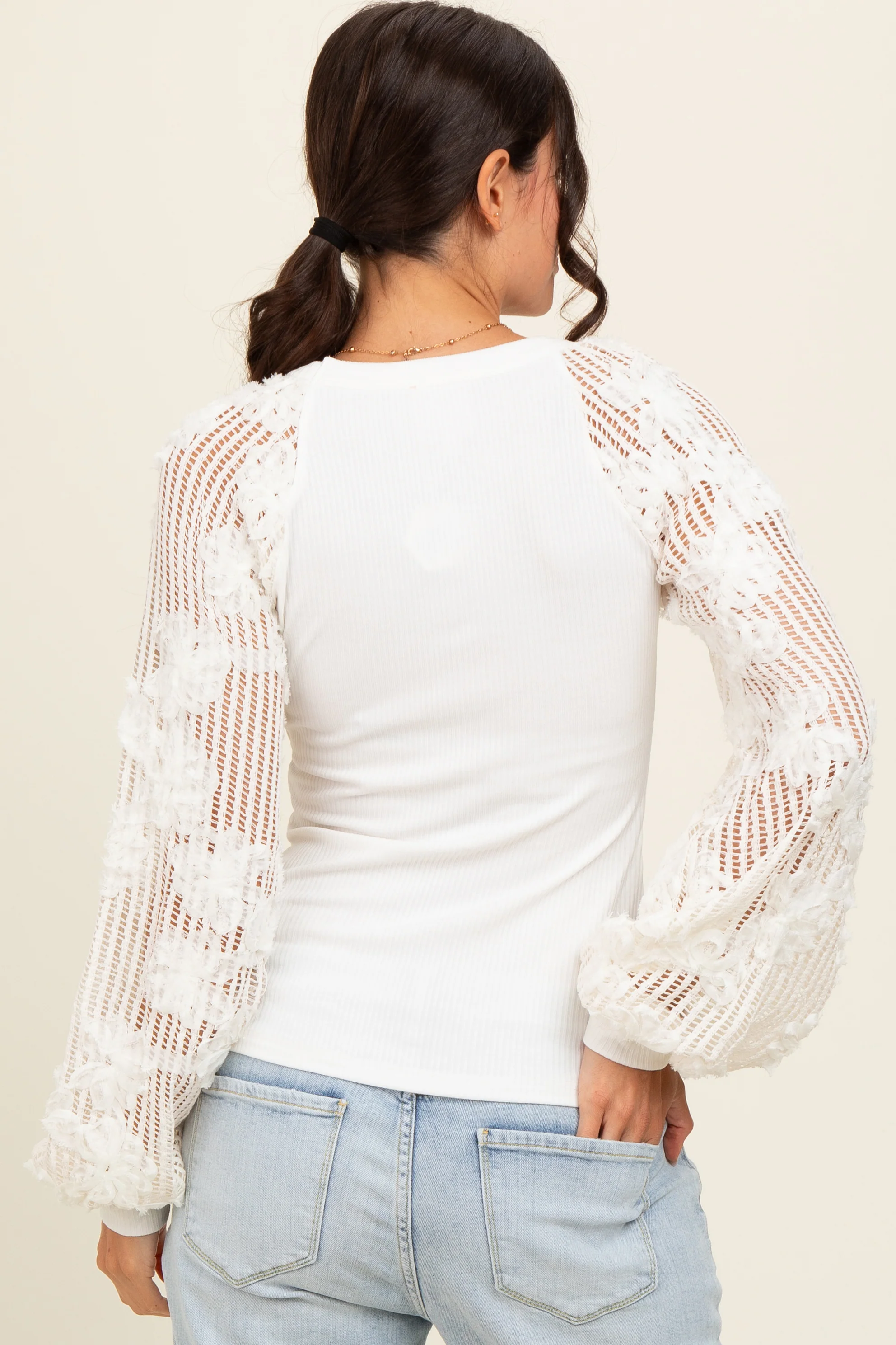 Ivory Floral Lace Balloon Sleeve Top - Image 3
