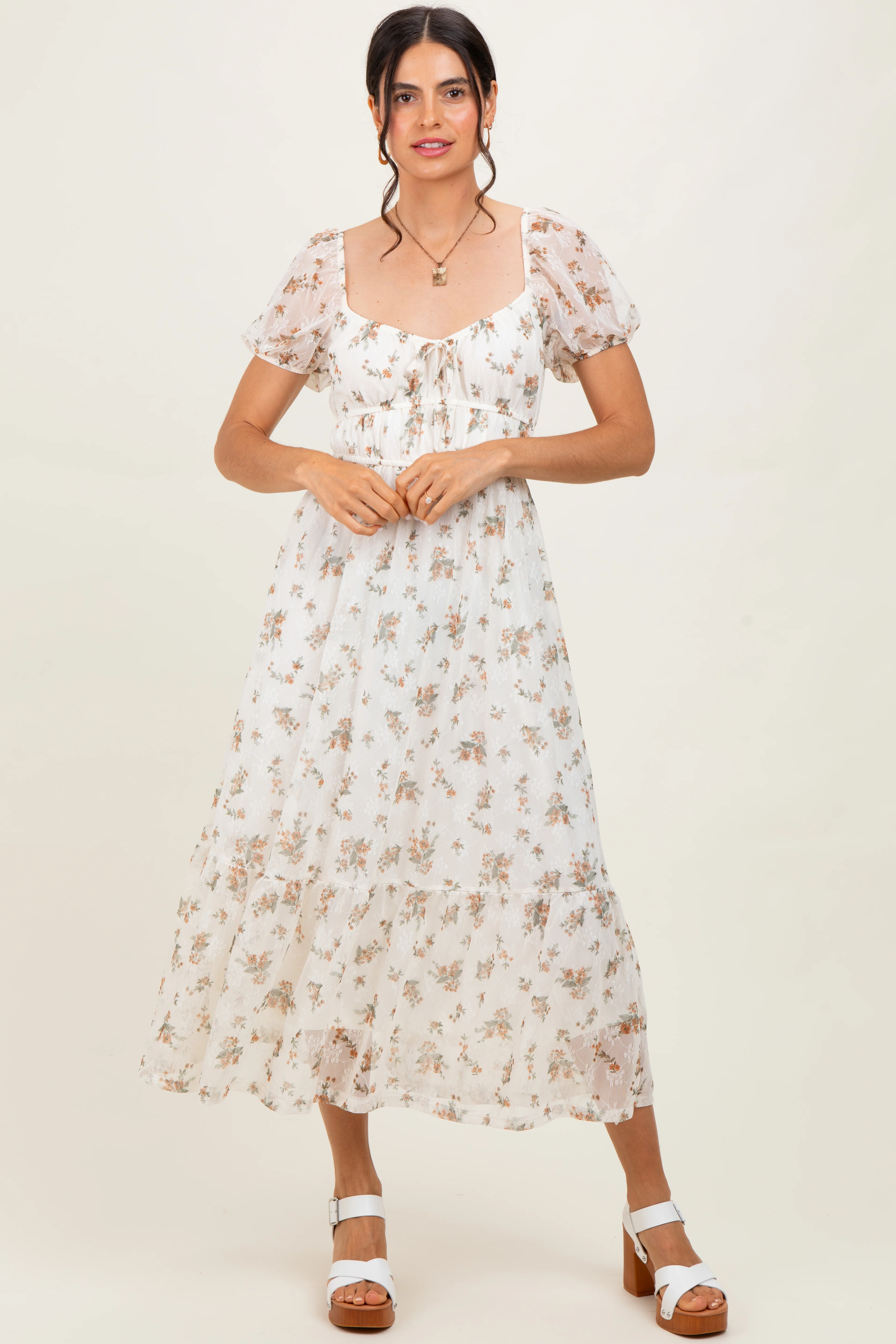 Ivory Floral Lace Overlay Puff Sleeve Maternity Midi Dress - Image 6