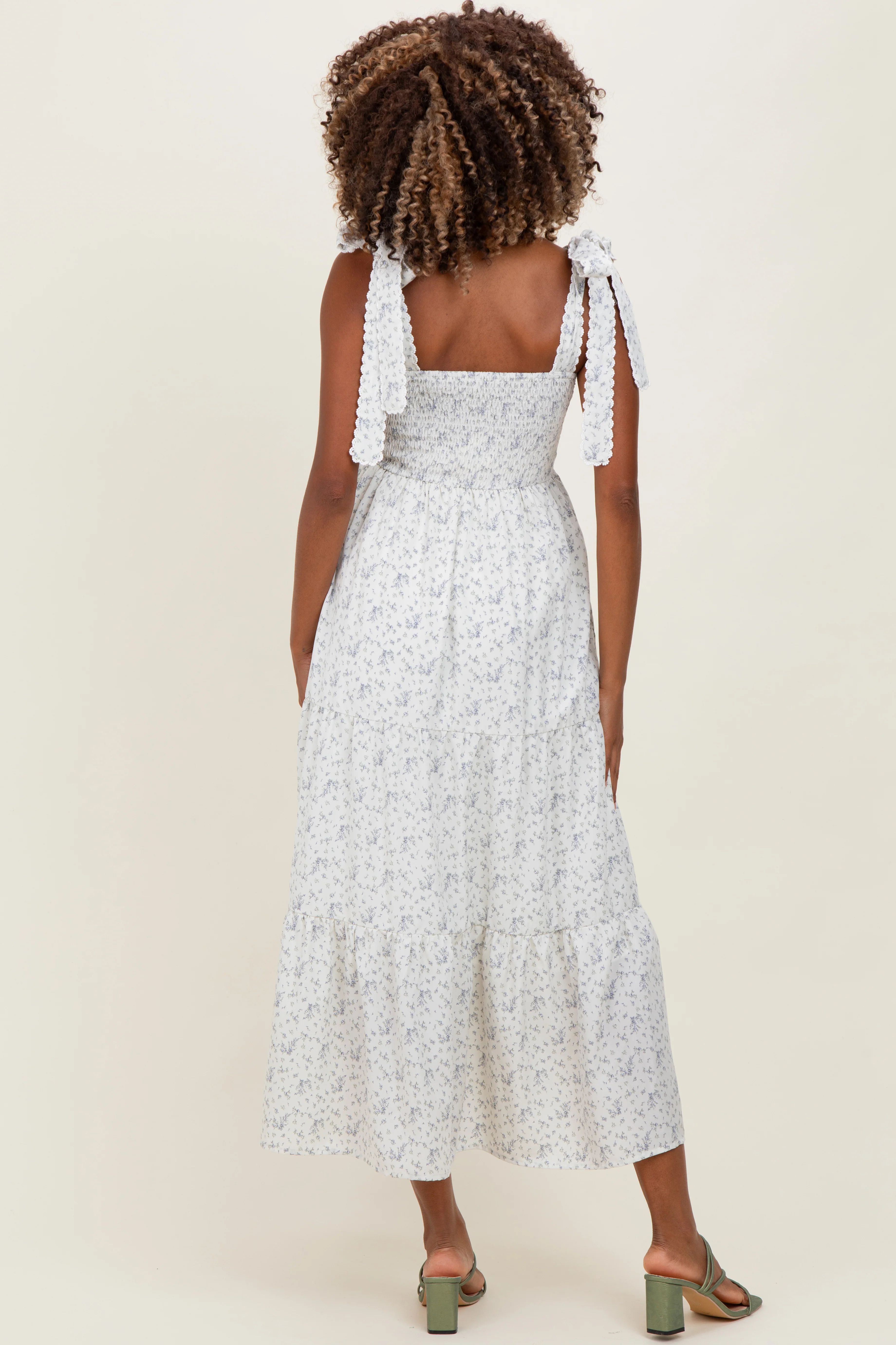 Ivory Floral Lace Trim Shoulder Tie Maternity Maxi Dress - Image 3