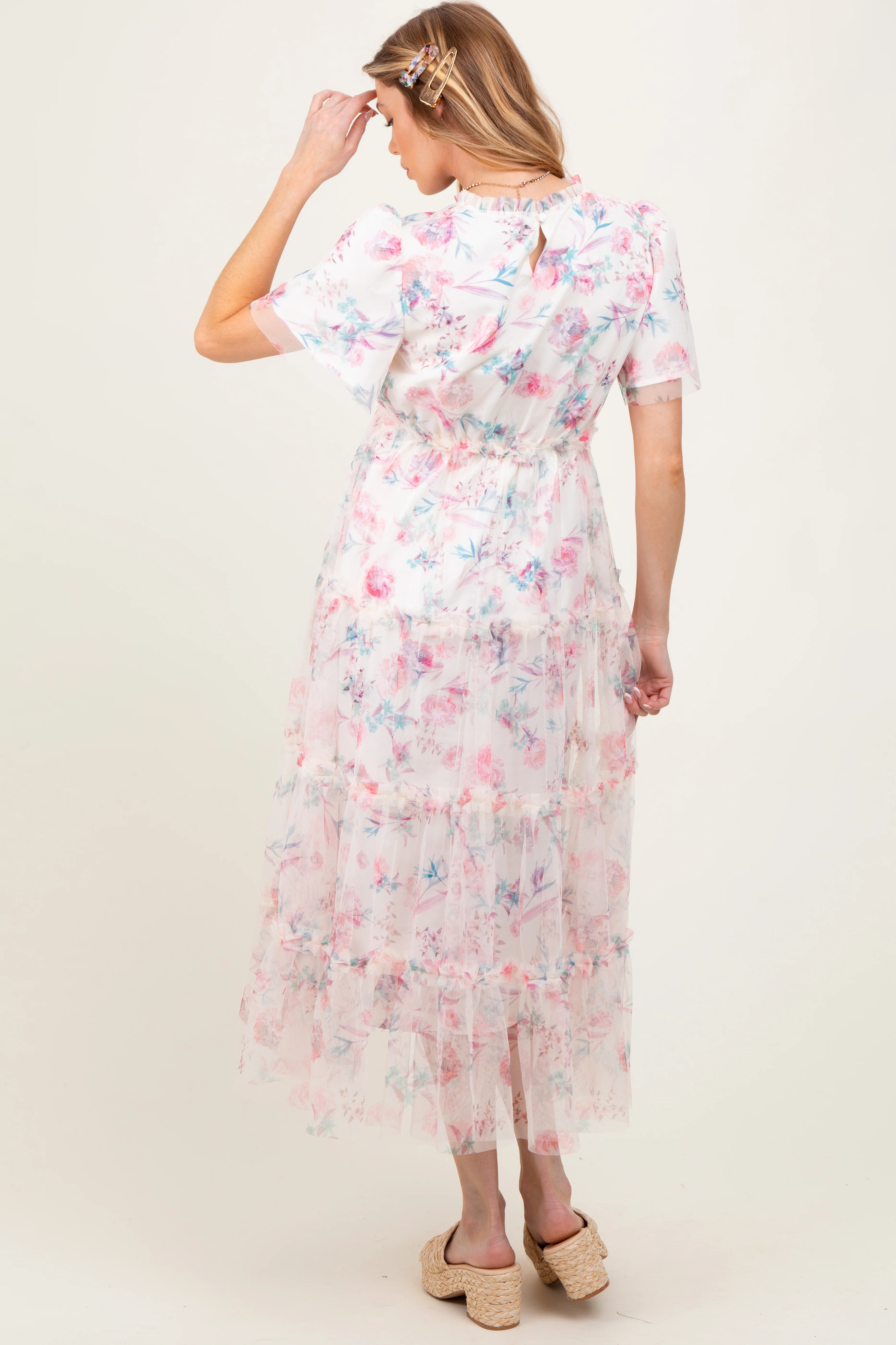 Ivory Floral Mesh Ruffle Tiered Maternity Midi Dress - Image 5