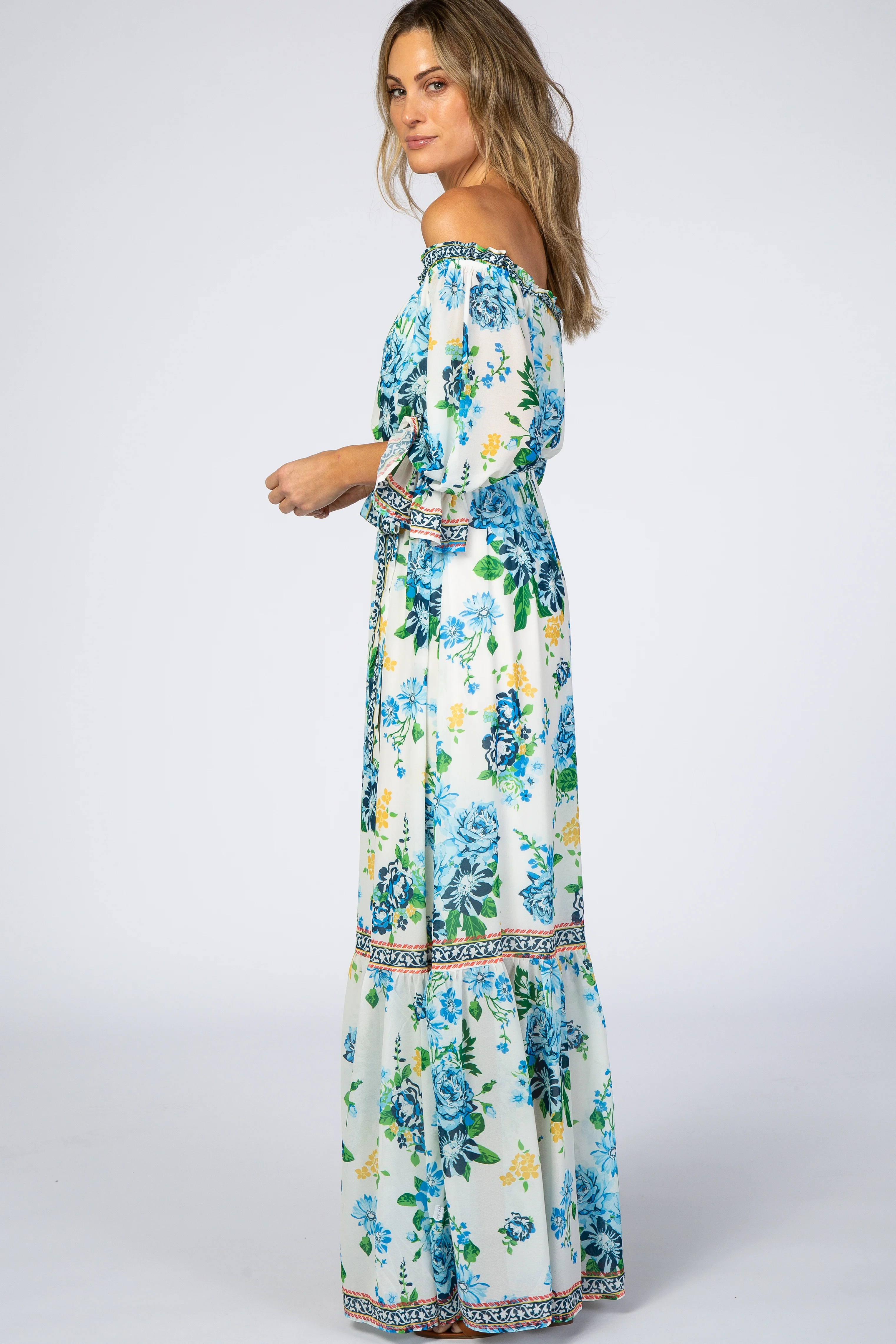 Ivory Floral Off Shoulder Maxi Dress - Image 2