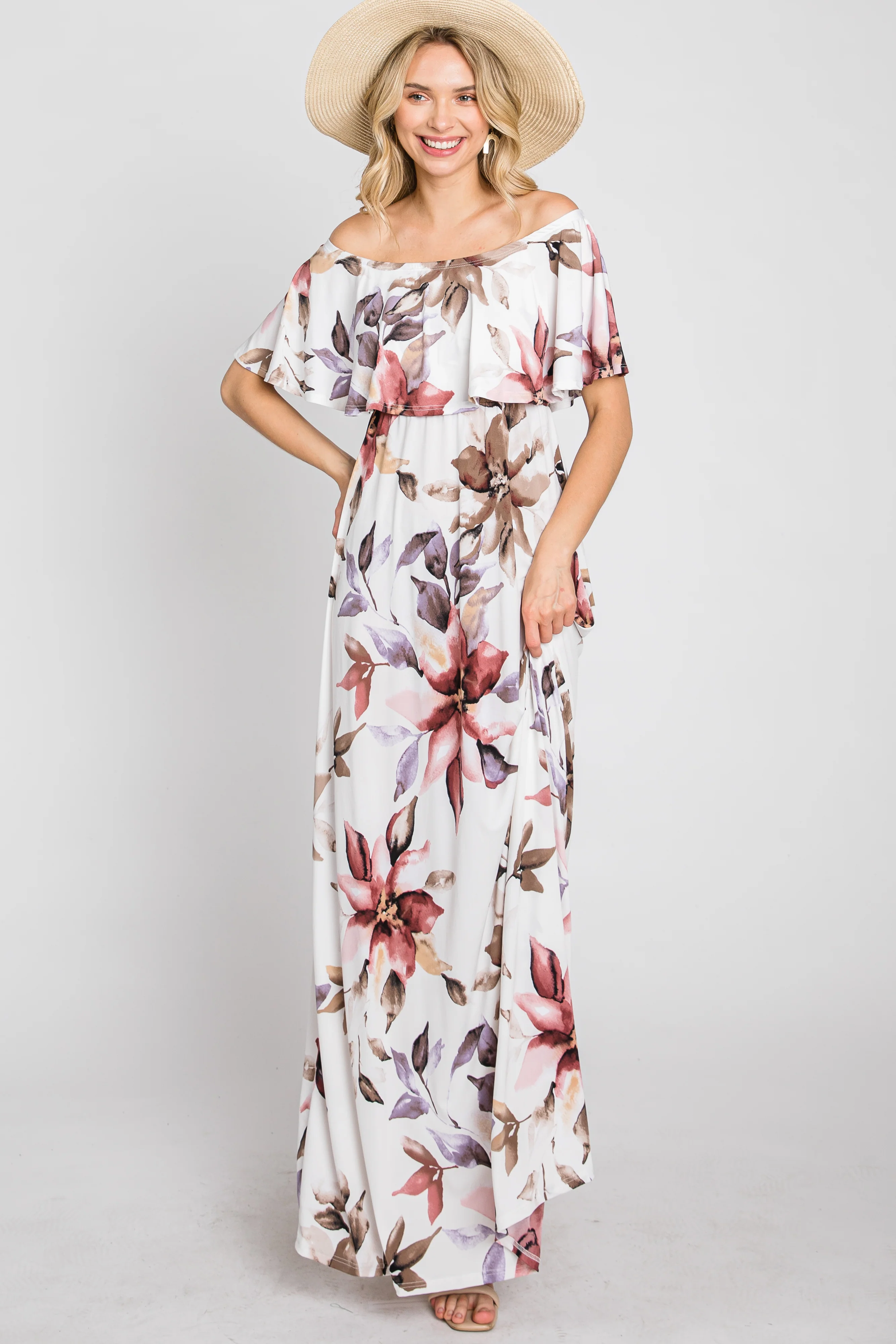 Ivory Floral Off Shoulder Maxi Dress - Image 10