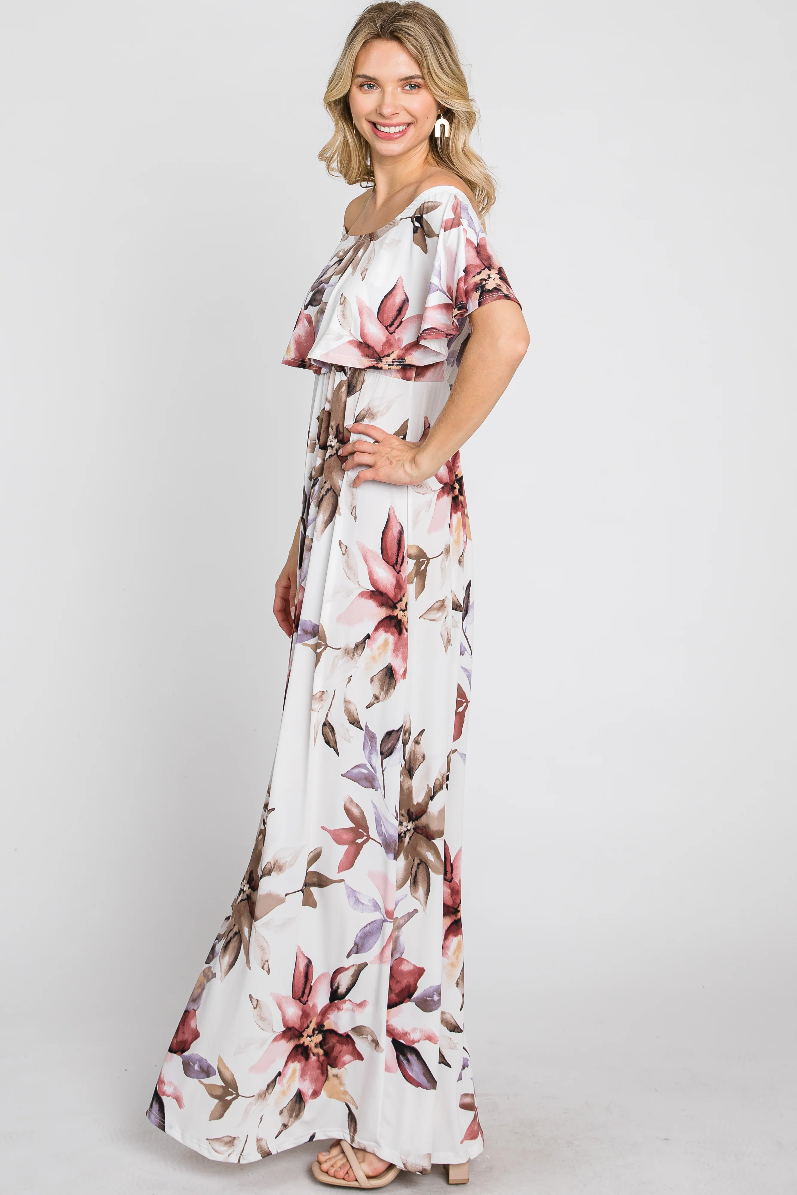 Ivory Floral Off Shoulder Maxi Dress - Image 5