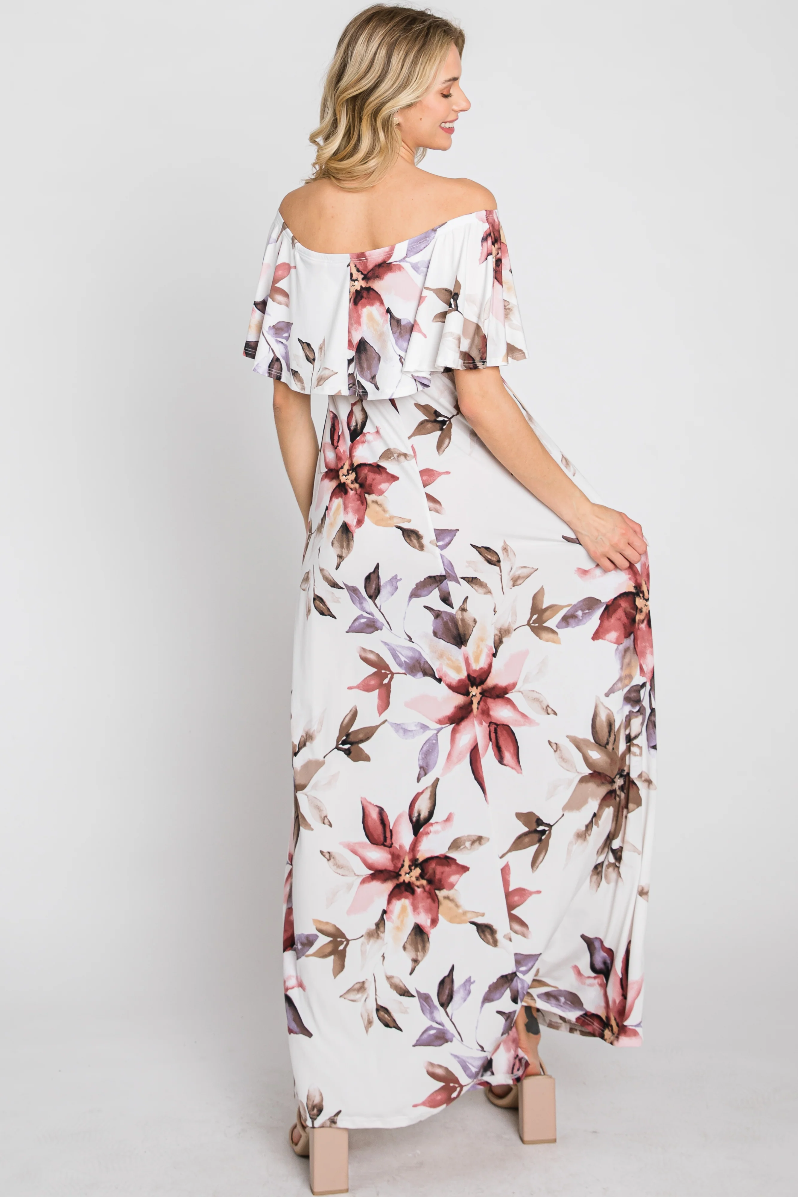 Ivory Floral Off Shoulder Maxi Dress - Image 7