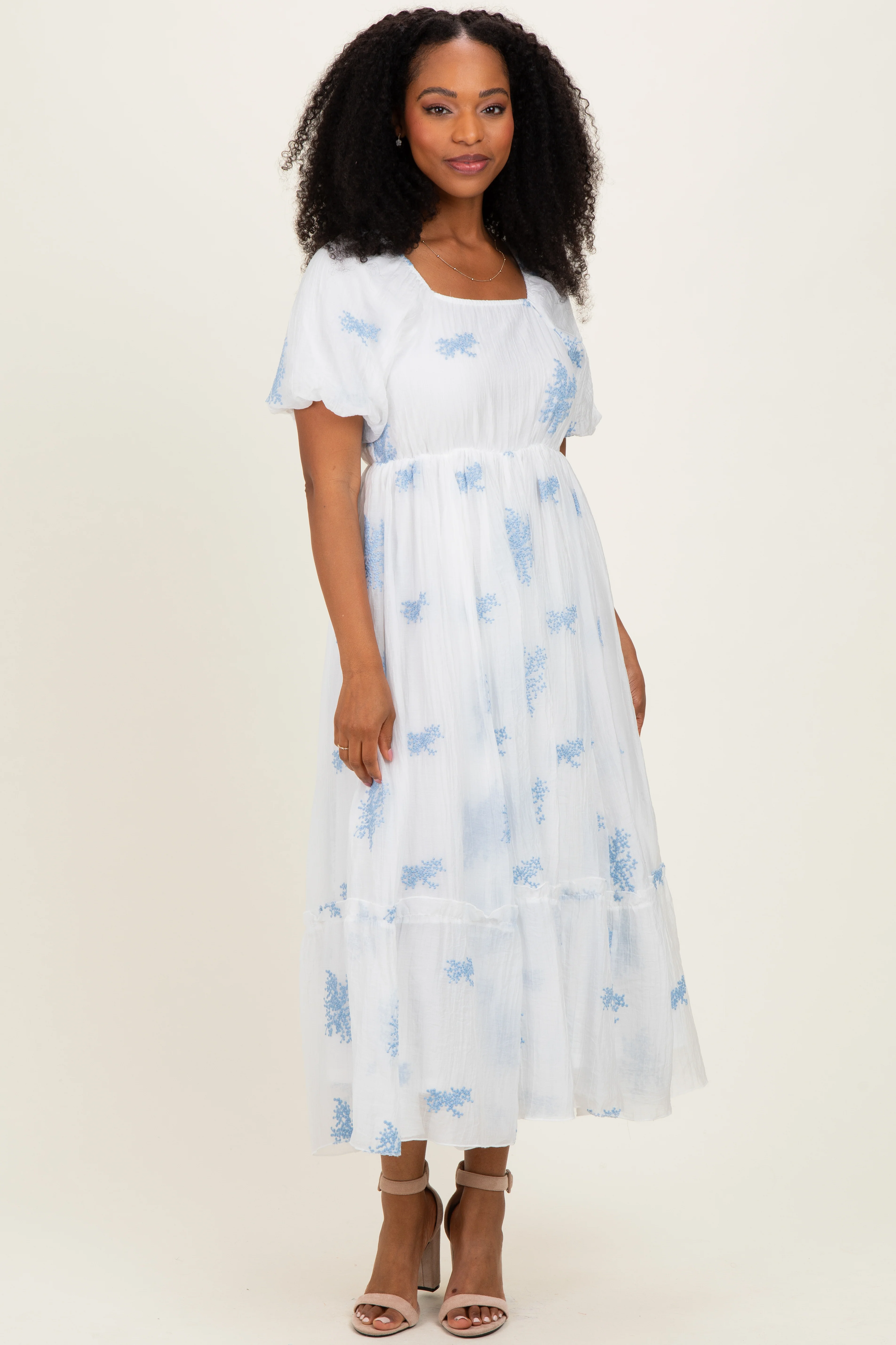 Ivory Floral Print Ruffle Hem Maternity Midi Dress - Image 4