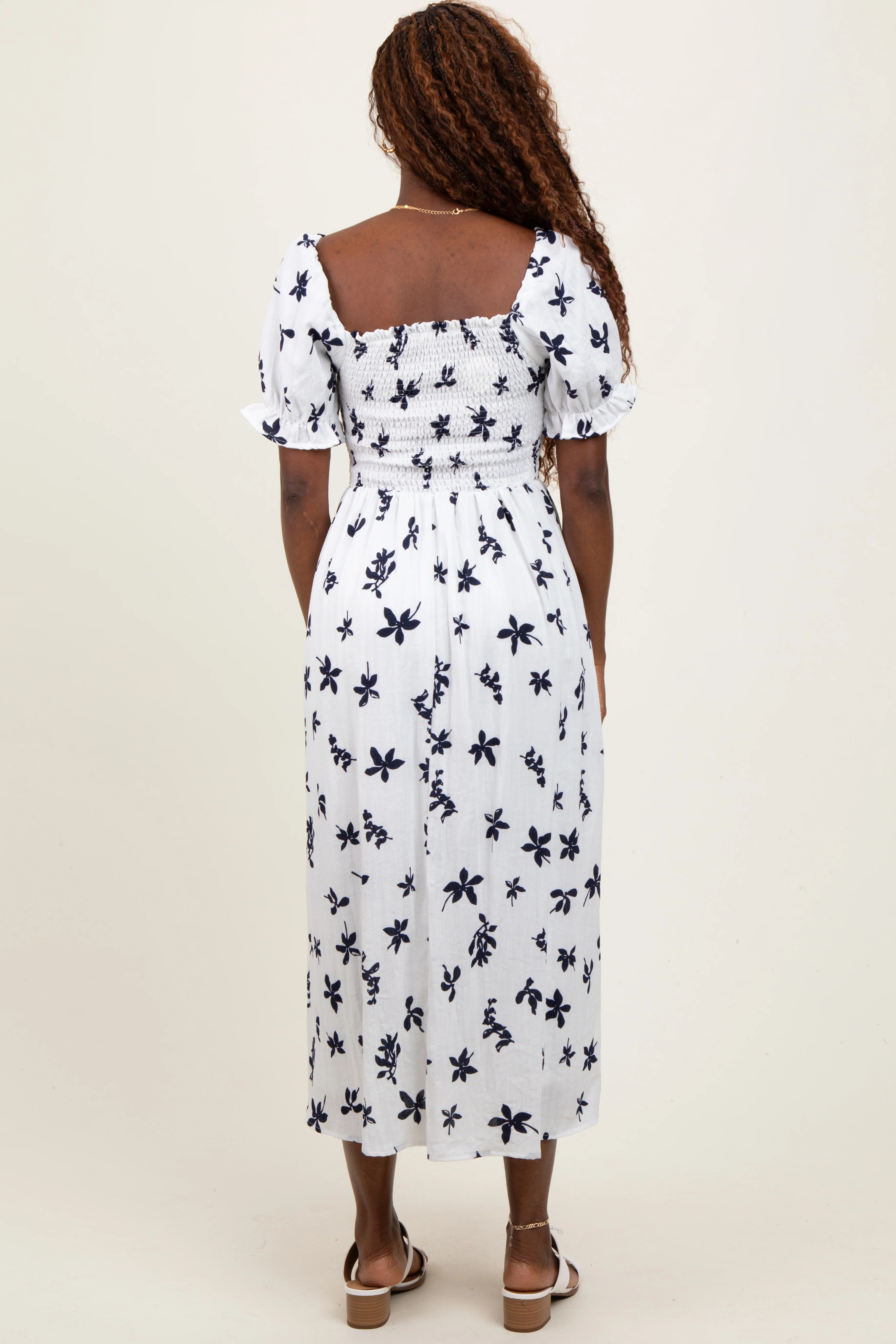 Ivory Floral Puff Sleeve Midi Dress - Image 3