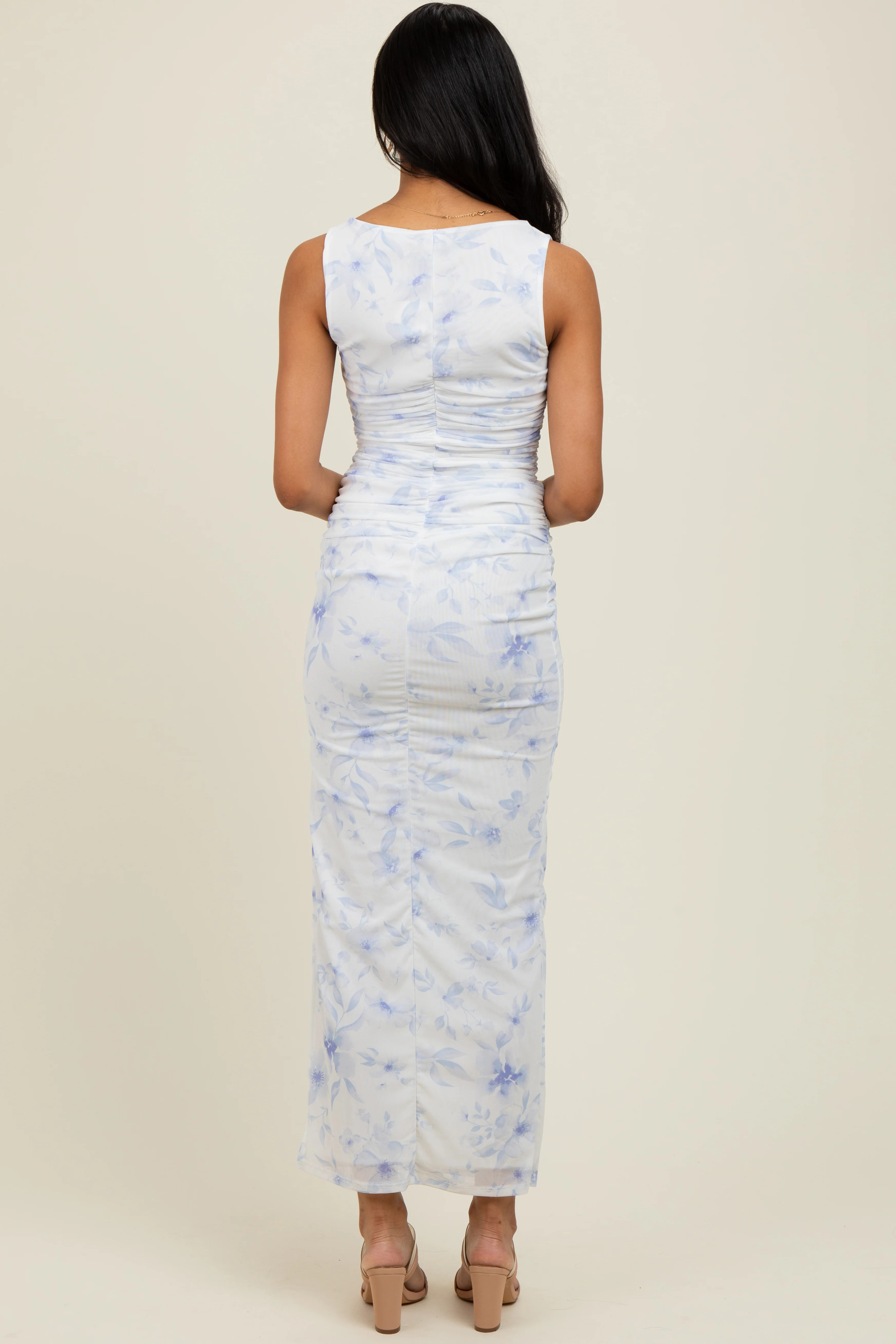 Ivory Floral Ruched Side Slit Midi Dress - Image 3