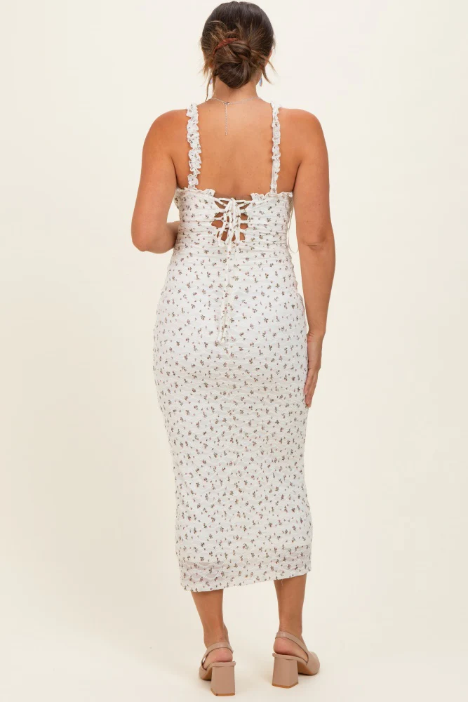 Ivory Floral Ruffle Strap Maternity Midi Dress - Image 3