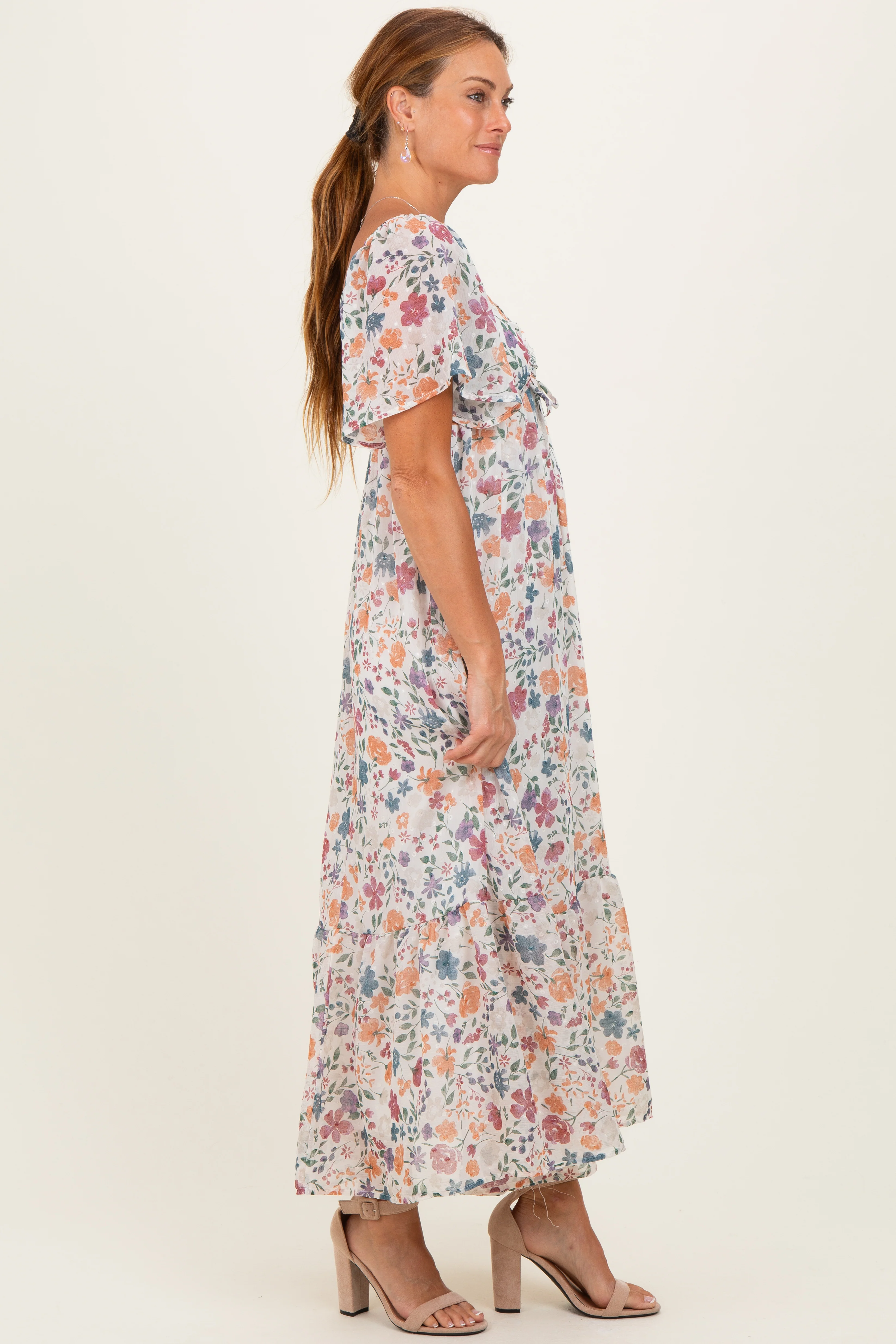Ivory Floral Short Sleeve Maxi Dress - Image 2