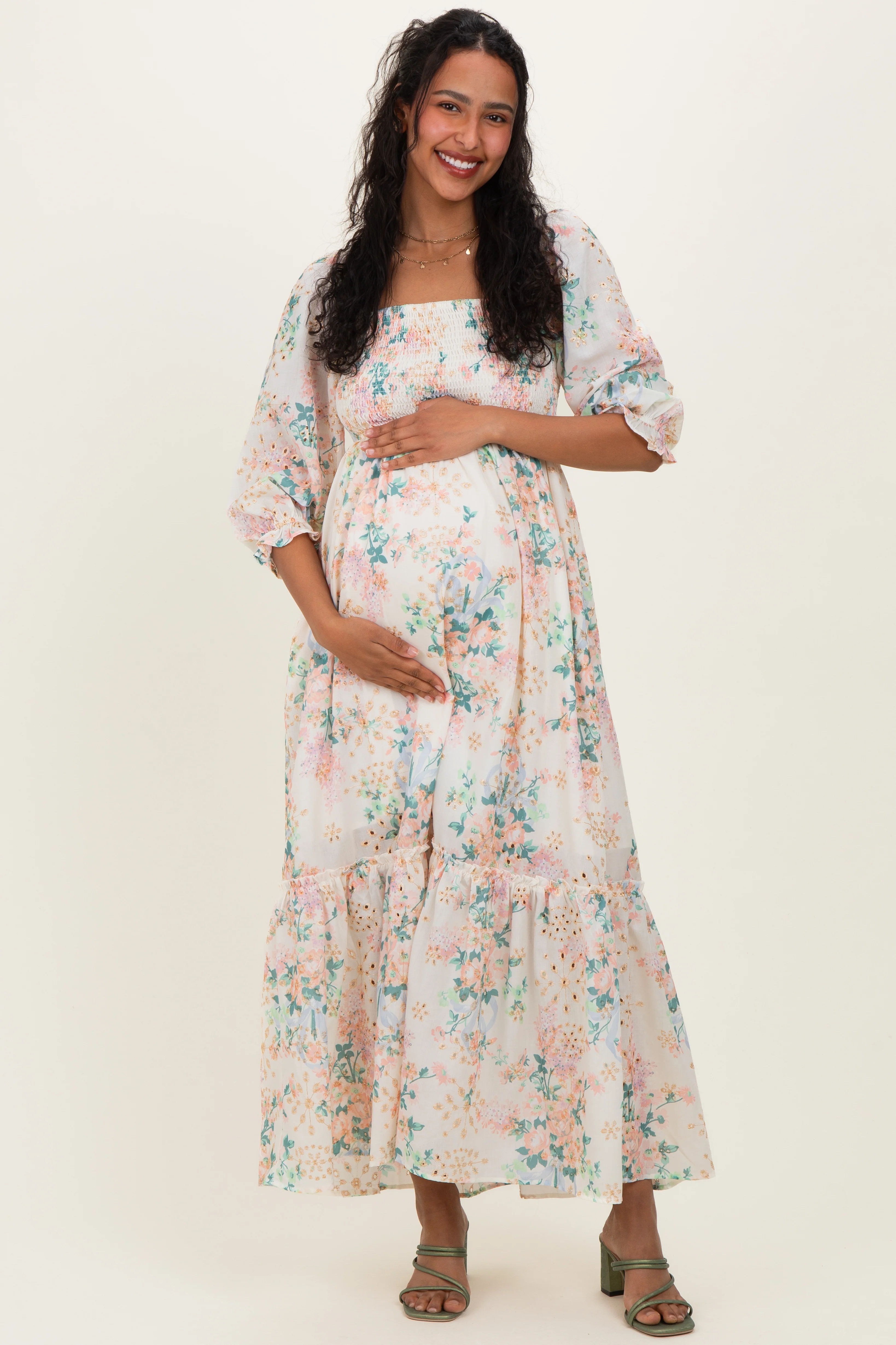 Ivory Floral Smocked 3/4 Sleeve Maternity Maxi Dress - Image 2
