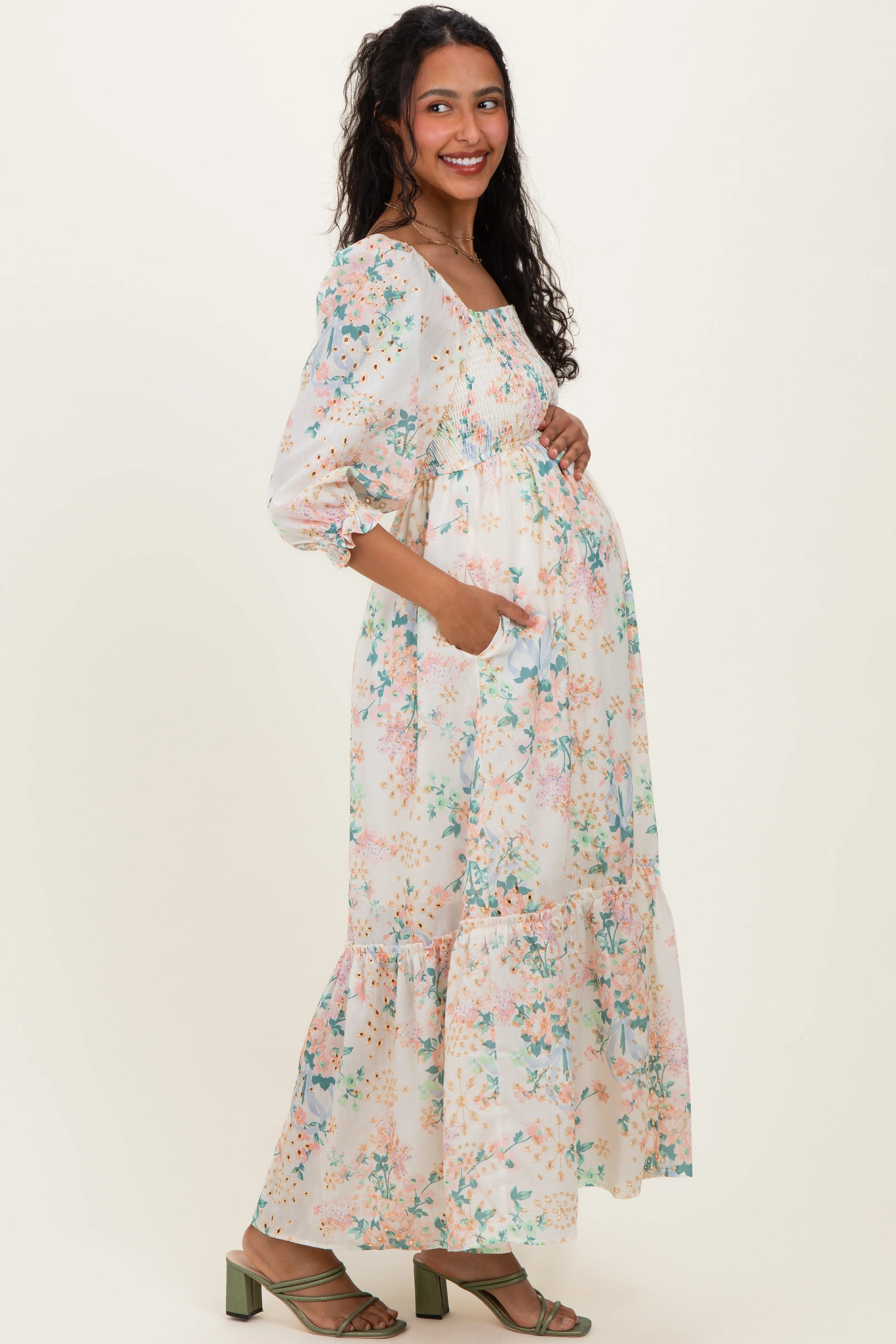 Ivory Floral Smocked 3/4 Sleeve Maternity Maxi Dress - Image 3