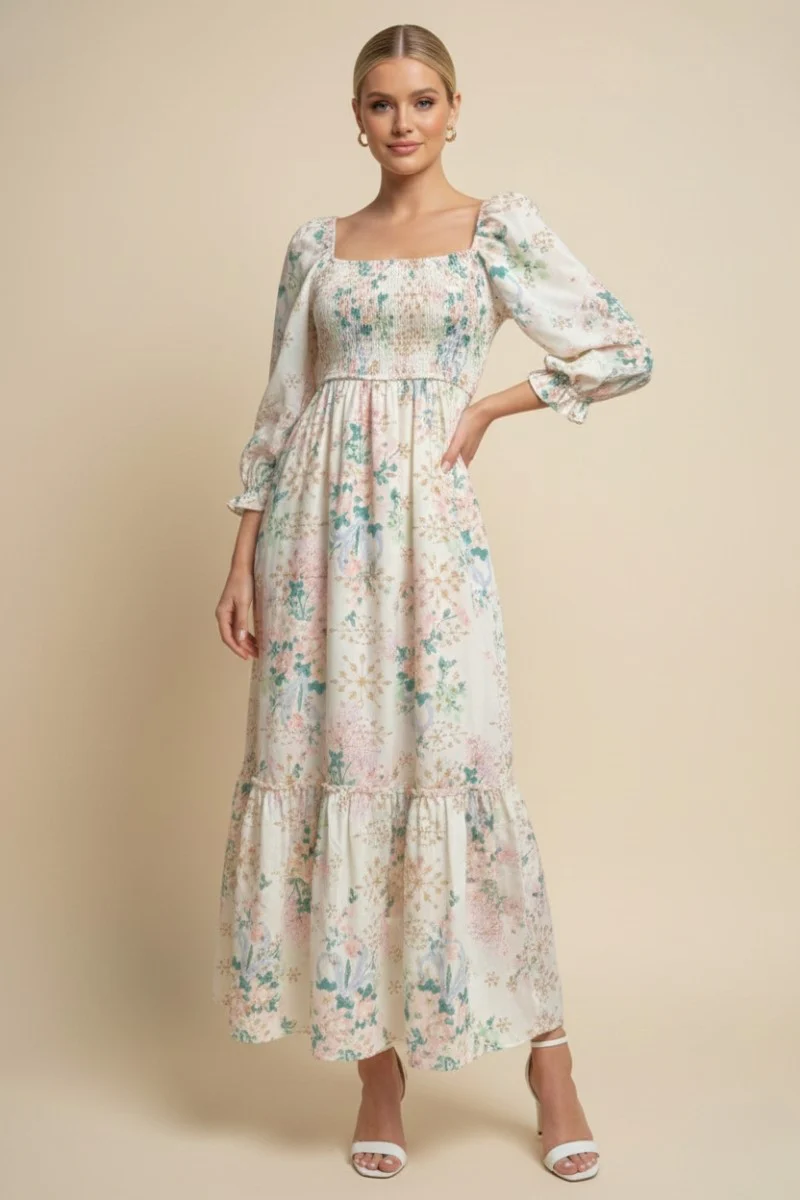 Ivory Floral Smocked 3/4 Sleeve Maternity Maxi Dress - Image 5