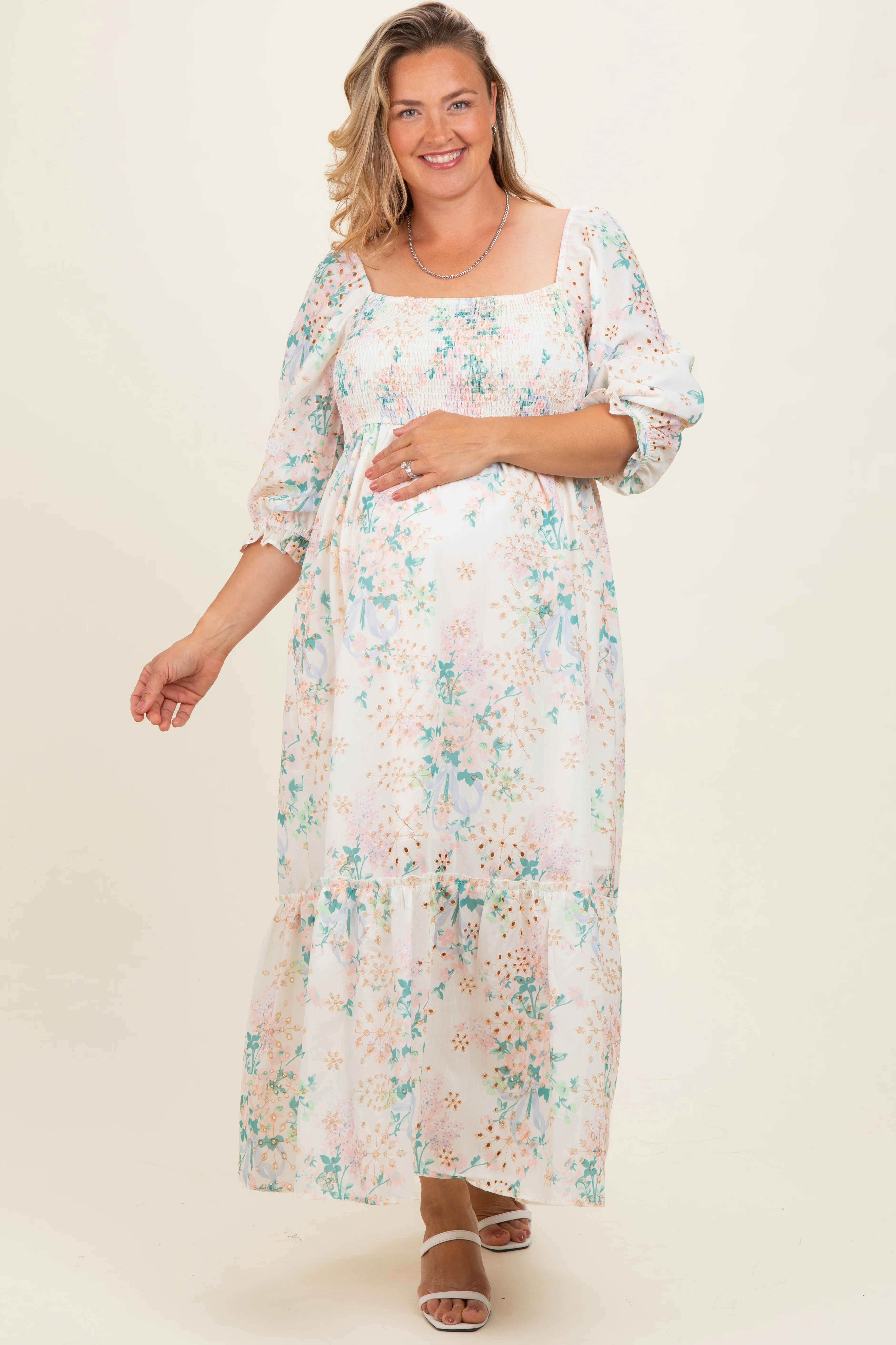 Ivory Floral Smocked 3/4 Sleeve Maternity Plus Maxi Dress - Image 2