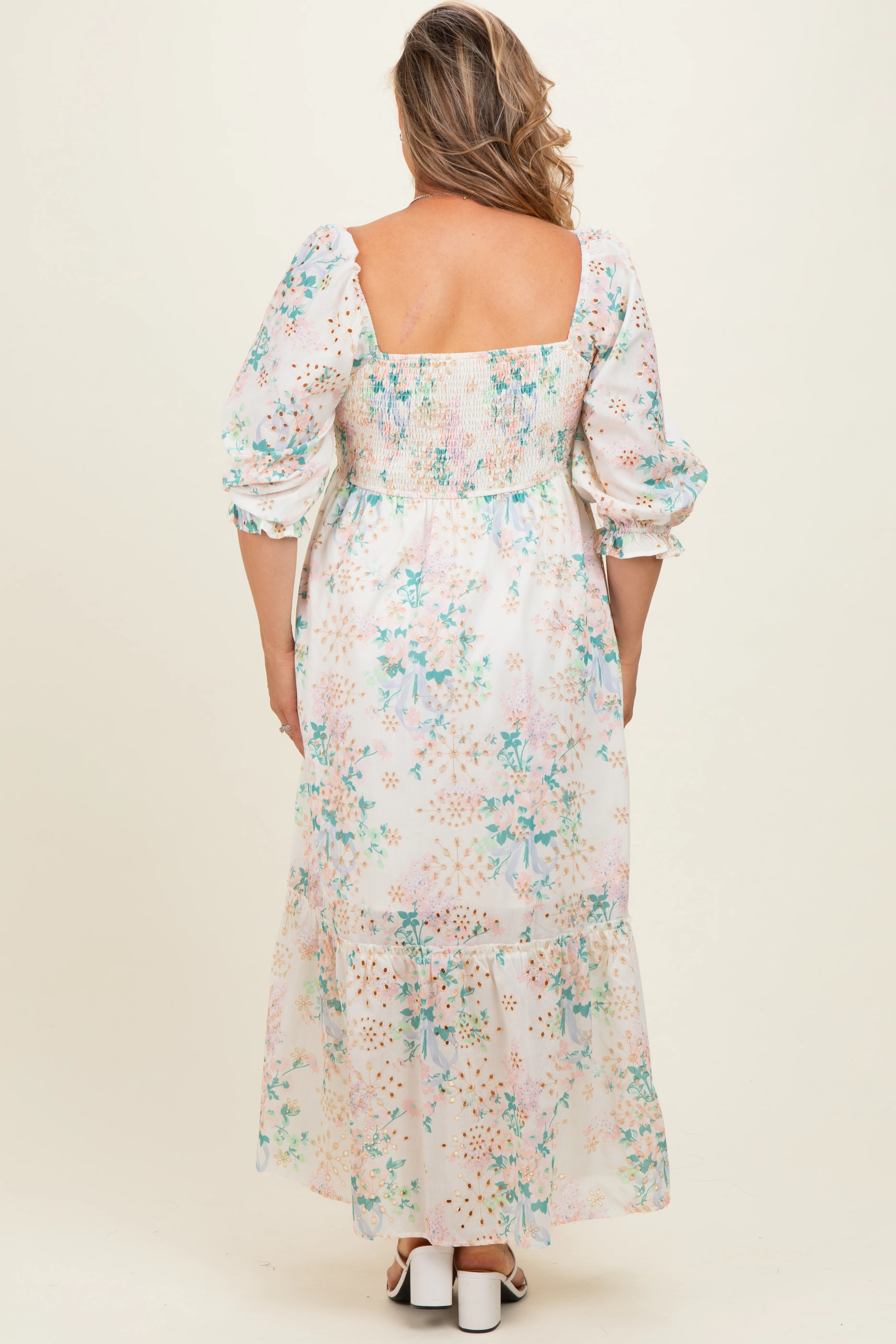 Ivory Floral Smocked 3/4 Sleeve Maternity Plus Maxi Dress - Image 4