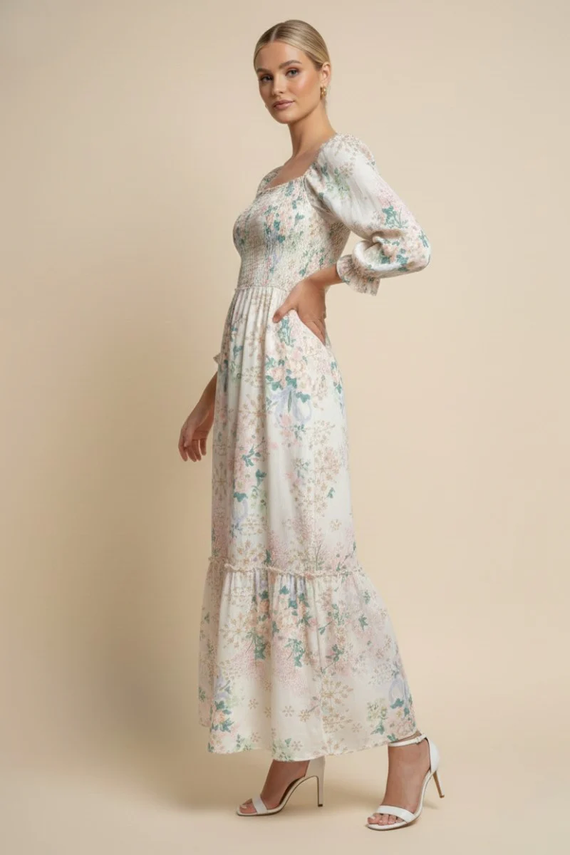 Ivory Floral Smocked 3/4 Sleeve Maxi Dress - Image 3