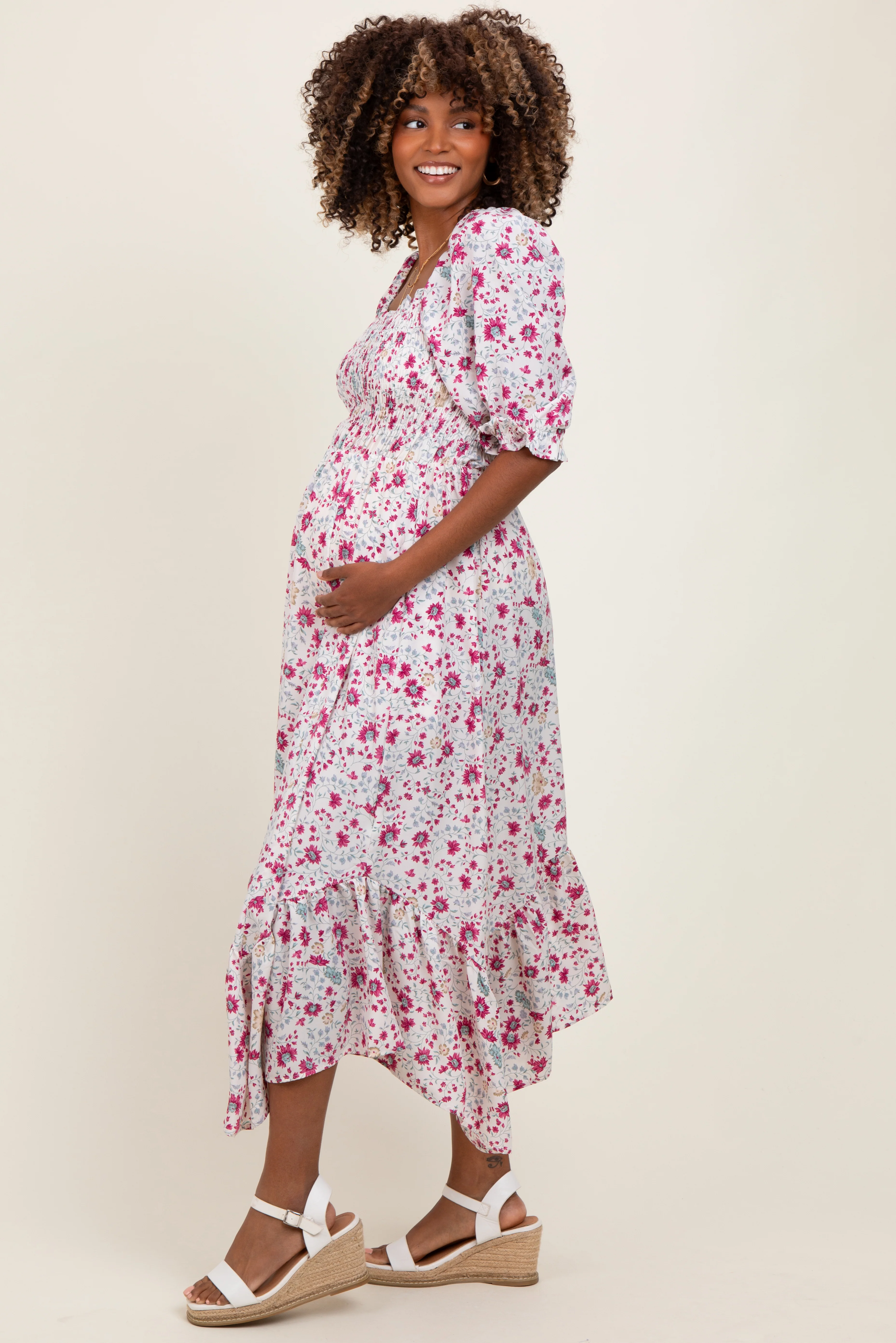 Ivory Floral Smocked Handkerchief Hem Maternity Maxi Dress - Image 3