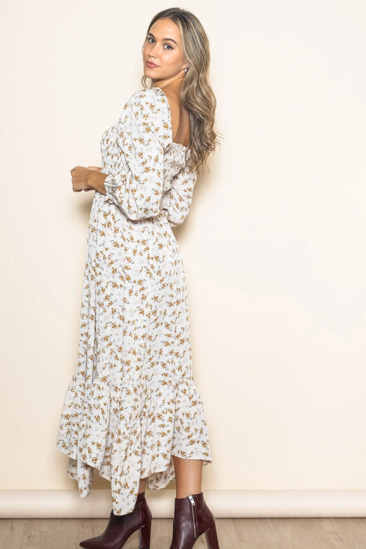 Ivory Floral Smocked Handkerchief Hem Maxi Dress - Image 3