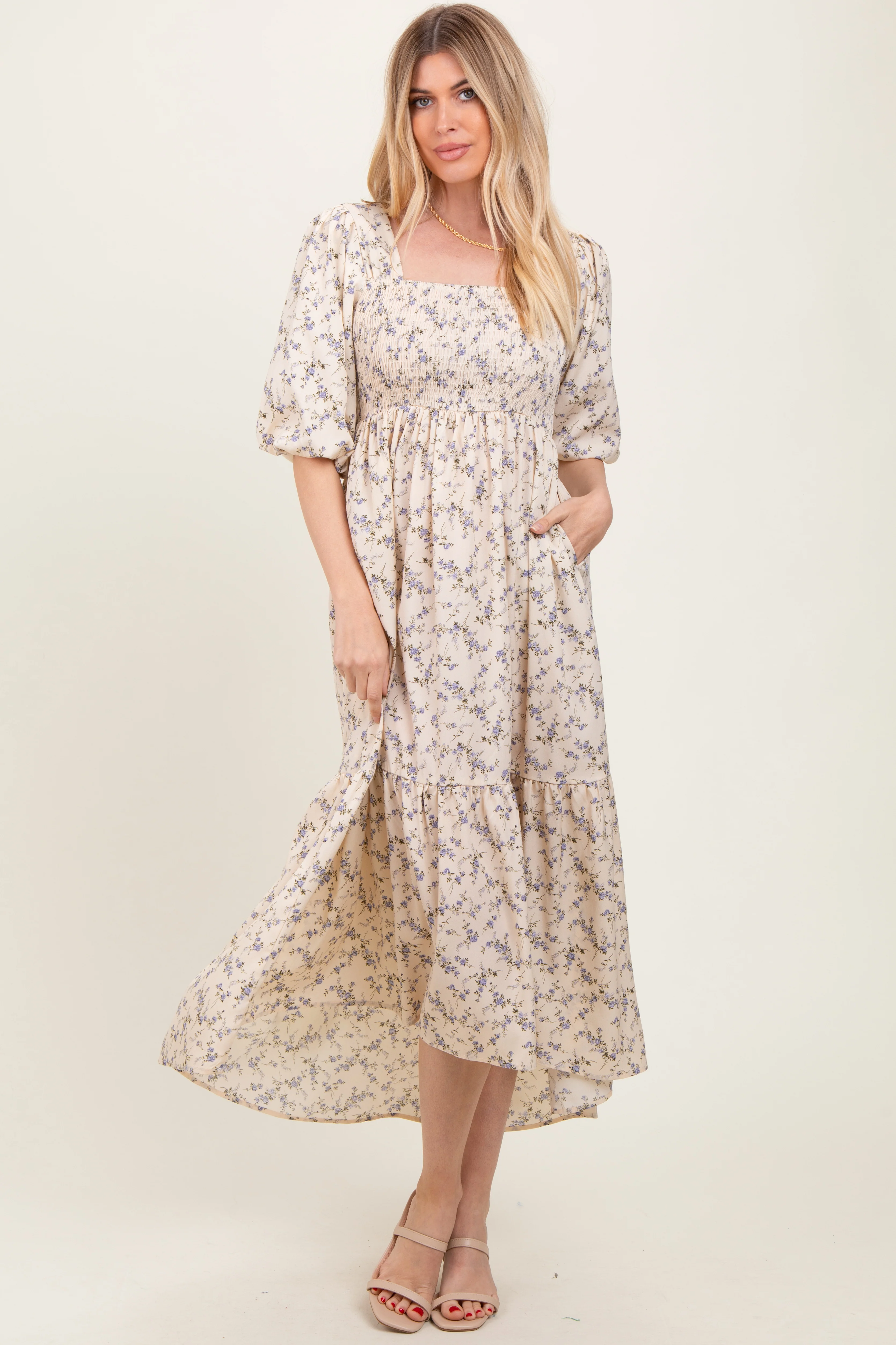Ivory Floral Smocked Hi-Low Puff Sleeve Maxi Dress - Image 2