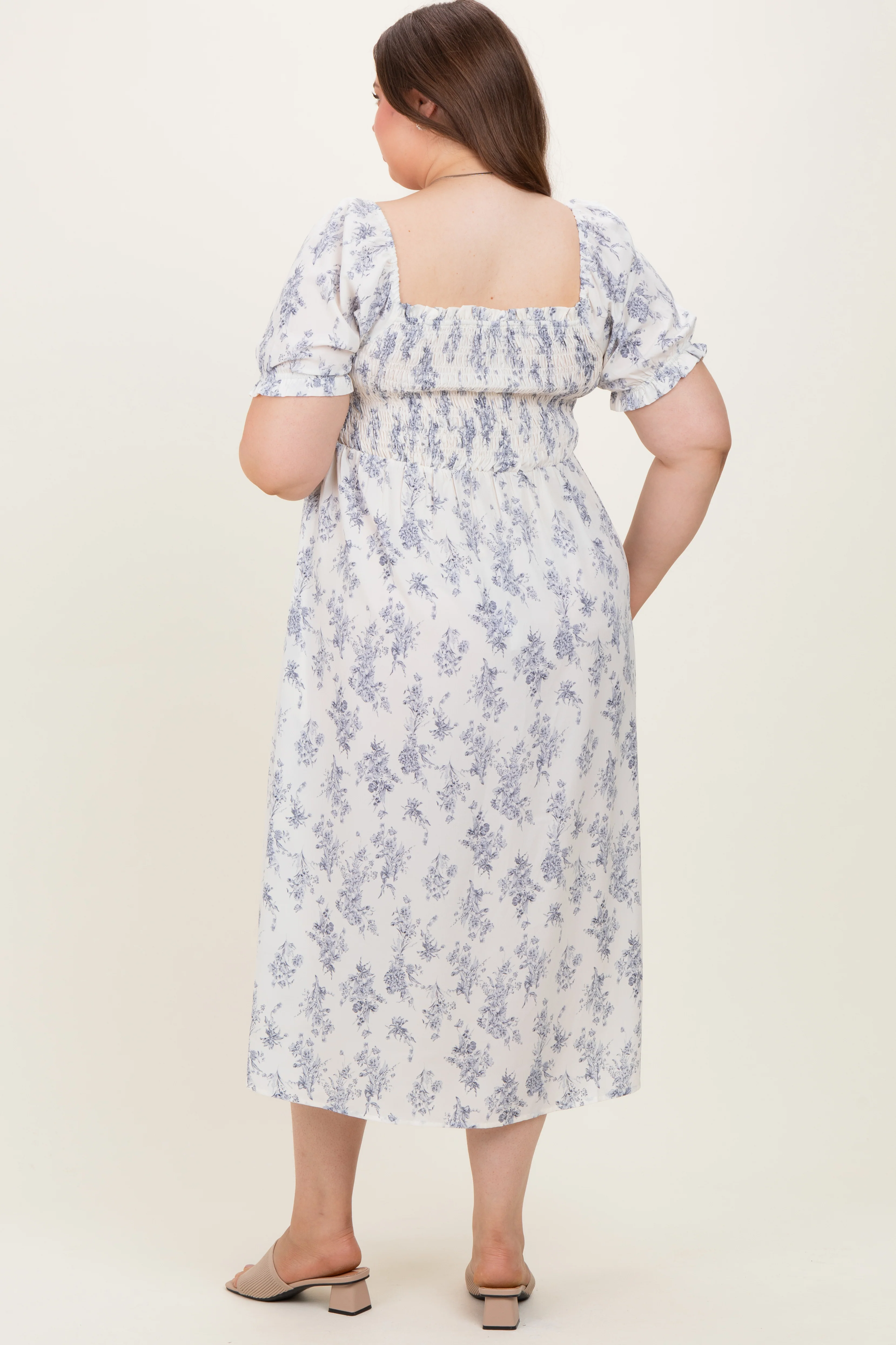 Ivory Floral Smocked Sweetheart Neckline Maternity Plus Midi Dress - Image 4