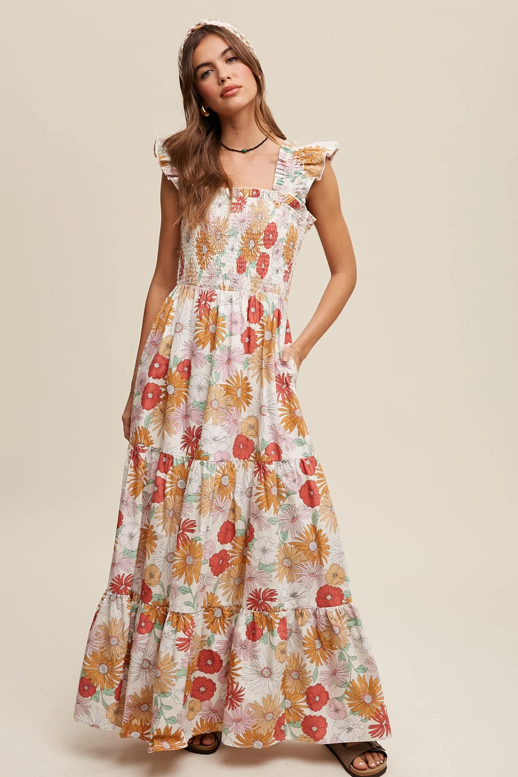 Ivory Floral Smocked Tiered Maternity Maxi Dress - Image 3
